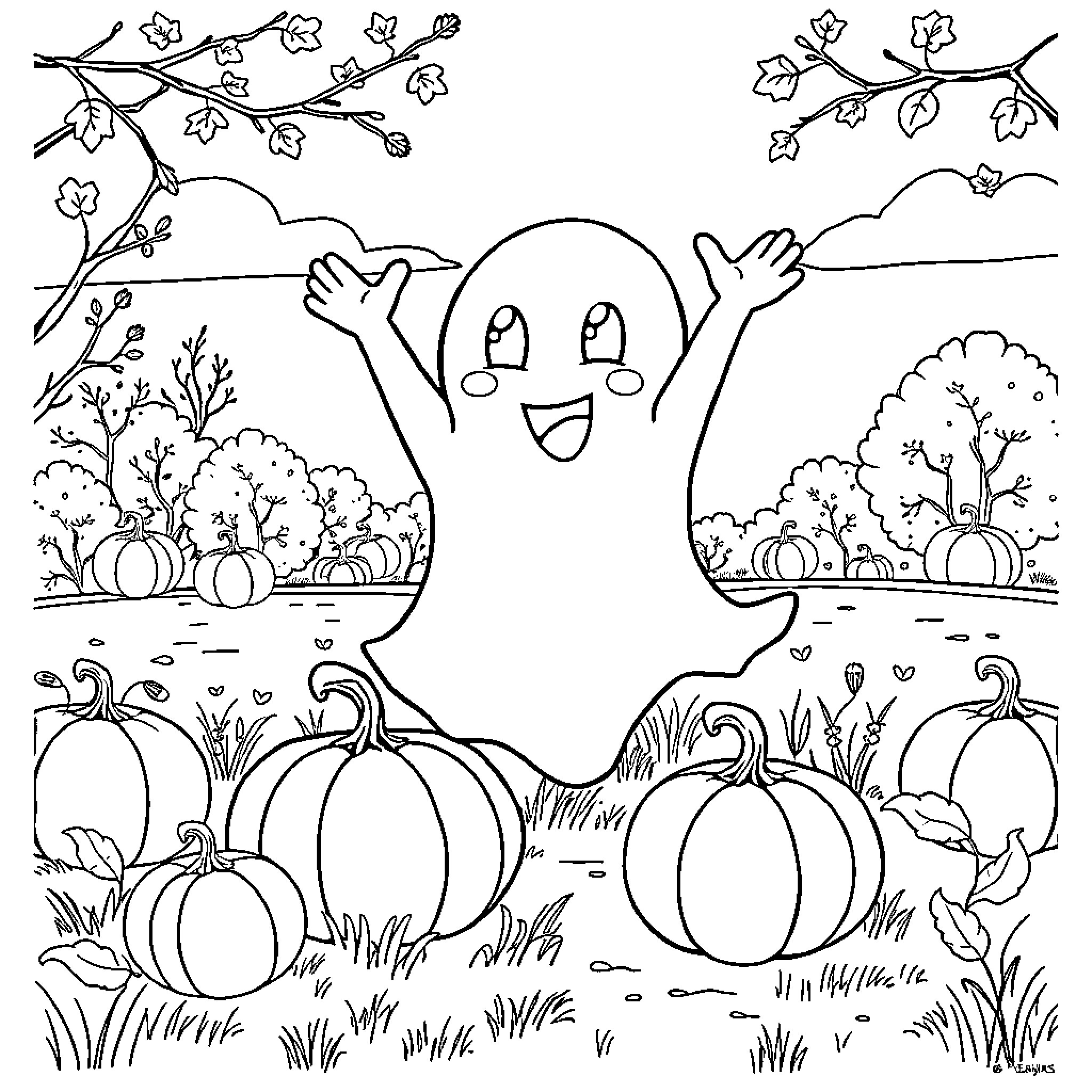 Ghost enjoying the autumn landscape Coloring Page (free black-and-white line drawing printable PDF for all, from beginners to advanced learners, including children, teens, adults, and seniors)