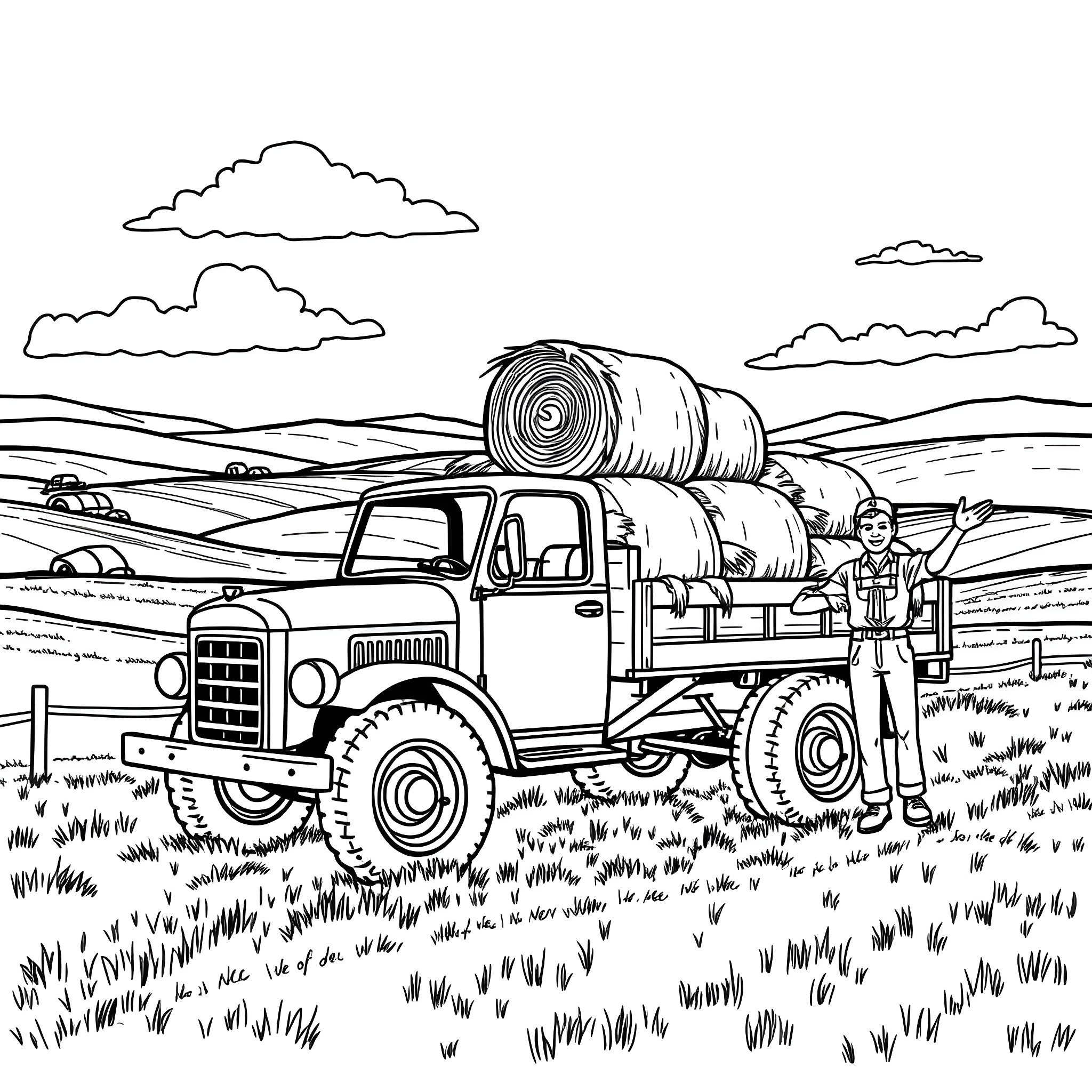 Hay Truck Loaded with Bales on Rural Countryside Coloring Page (free black-and-white line drawing printable PDF for all, from beginners to advanced learners, including children, teens, adults, and seniors)
