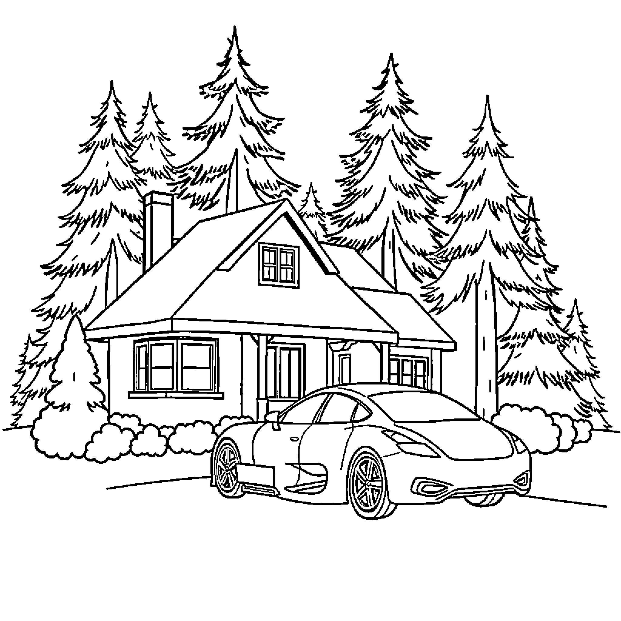 Tree-lined Cabin with Parked Car in Snowy Landscape Coloring Page (free black-and-white line drawing printable PDF for all, from beginners to advanced learners, including children, teens, adults, and seniors)