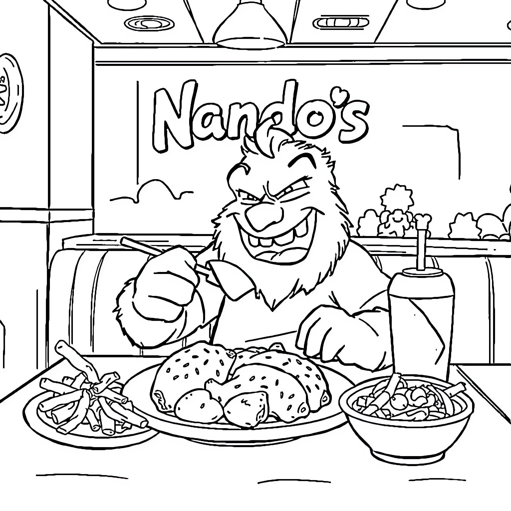 AngryGinge13 Enjoying a Hearty Meal at Nando's Coloring Page (free black-and-white line drawing printable PDF for all, from beginners to advanced learners, including children, teens, adults, and seniors)