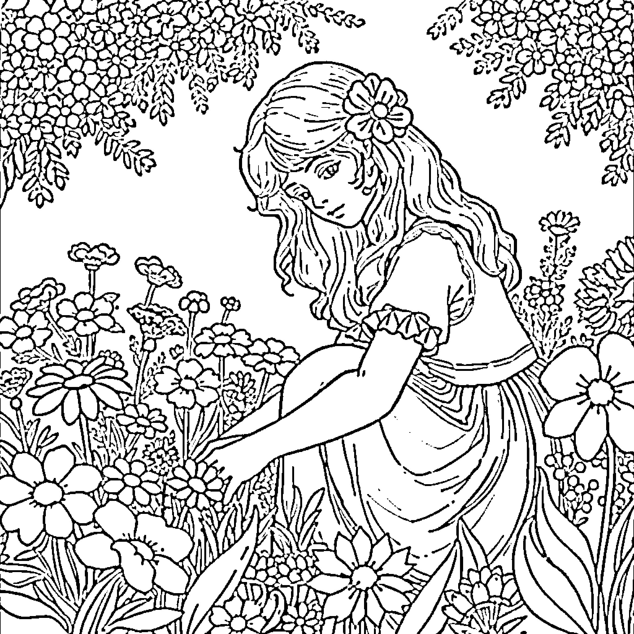 Girl in a Floral Garden Coloring Page (free black-and-white line drawing printable PDF for all, from beginners to advanced learners, including children, teens, adults, and seniors)