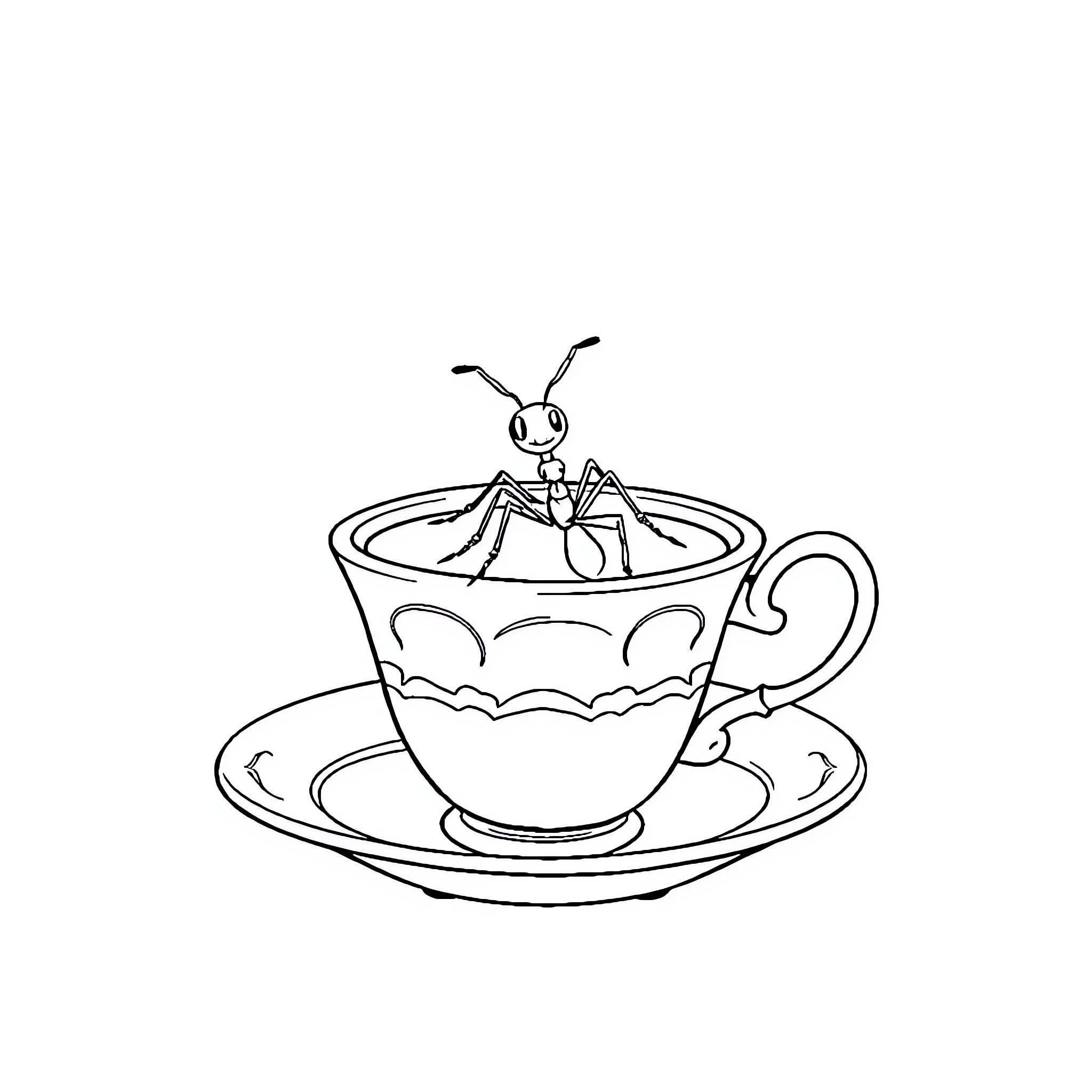 Ant relaxing in a teacup Coloring Page (free black-and-white line drawing printable PDF for all, from beginners to advanced learners, including children, teens, adults, and seniors)