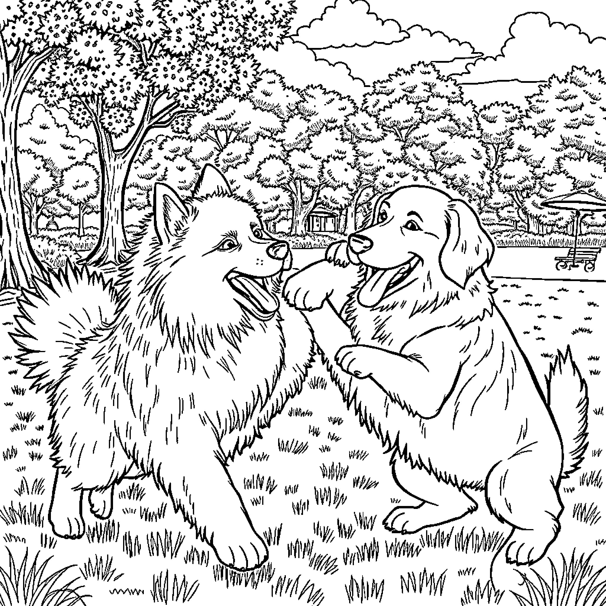 Samoyed dogs playing joyfully in the park Coloring Page (free black-and-white line drawing printable PDF for all, from beginners to advanced learners, including children, teens, adults, and seniors)