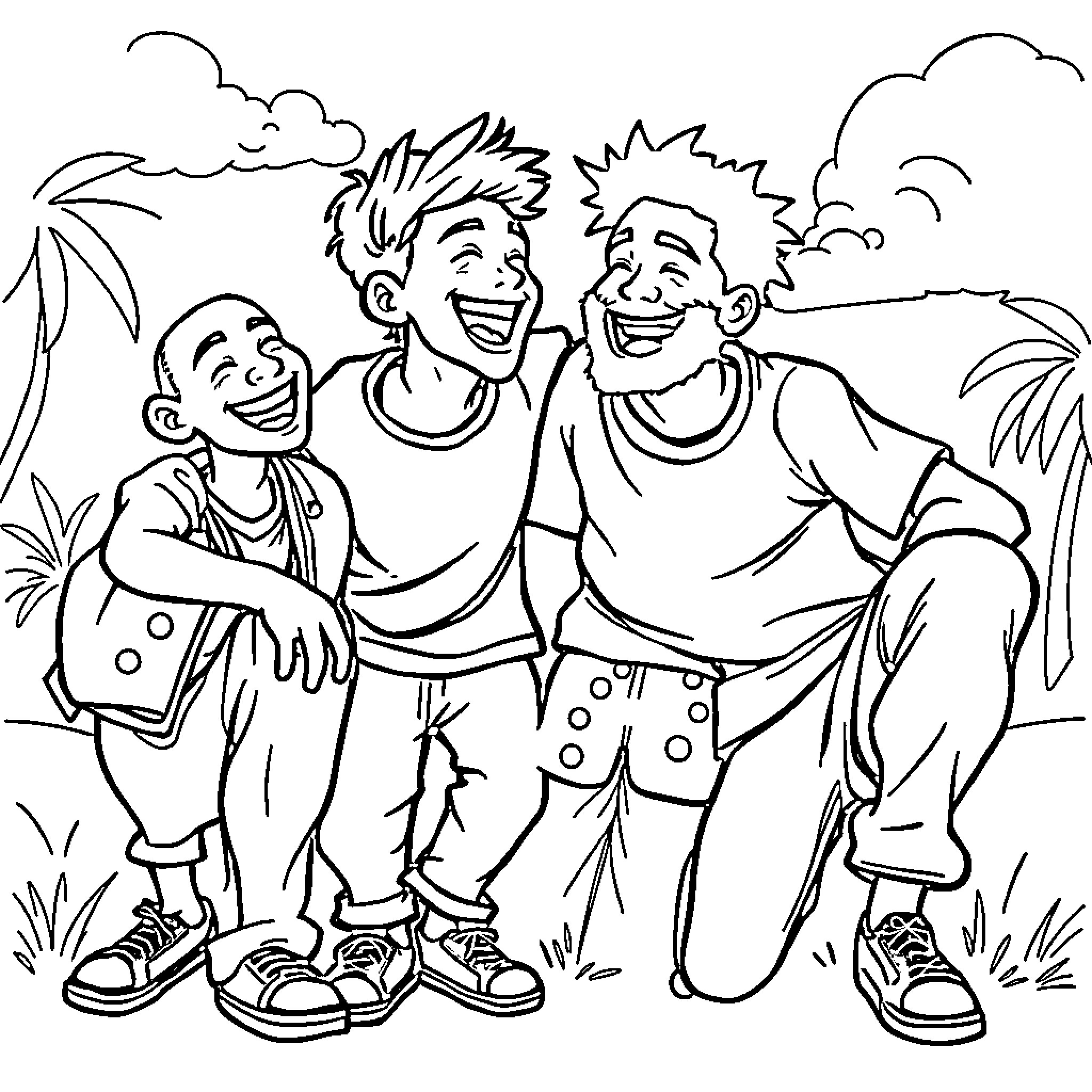 Saja Boys Enjoying Outdoor Fun Together Coloring Page (free black-and-white line drawing printable PDF for all, from beginners to advanced learners, including children, teens, adults, and seniors)