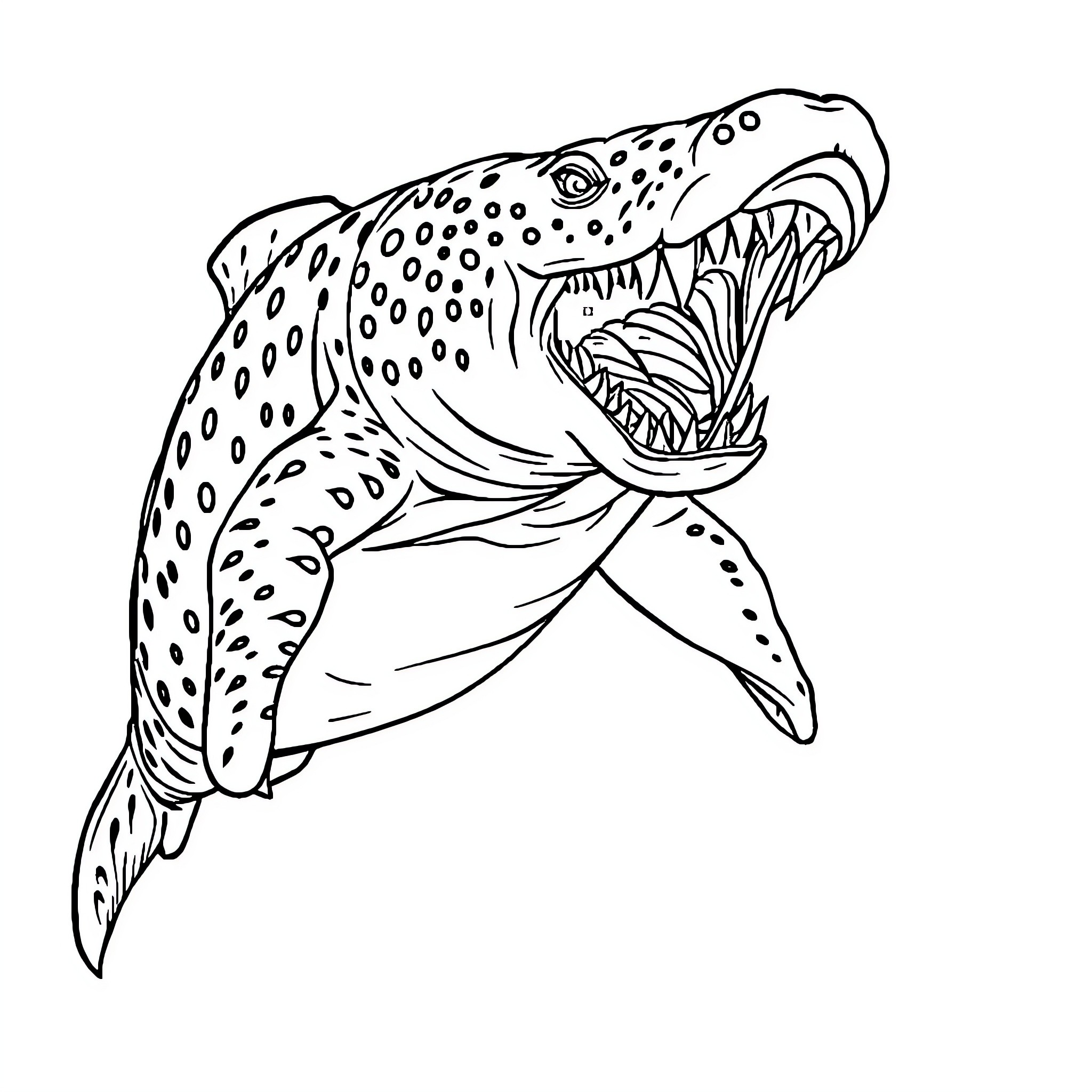 Shark with open mouth and spotted pattern Coloring Page (free black-and-white line drawing printable PDF for all, from beginners to advanced learners, including children, teens, adults, and seniors)