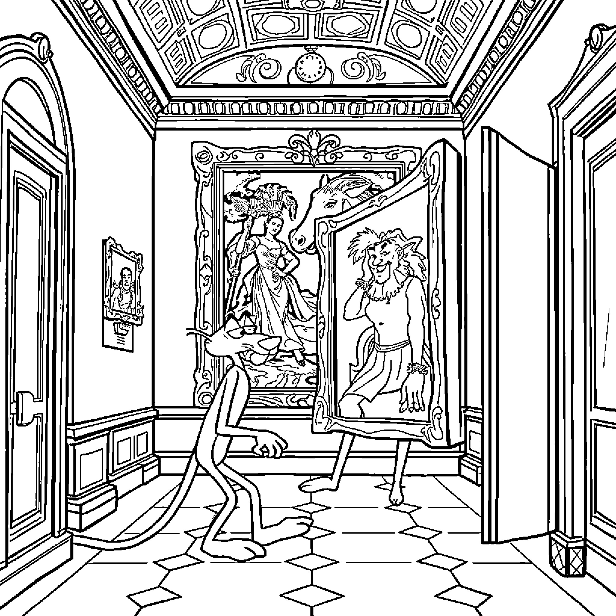 Pink Panther's Whimsical Adventure in an Ornate Hallway Coloring Page (free black-and-white line drawing printable PDF for all, from beginners to advanced learners, including children, teens, adults, and seniors)