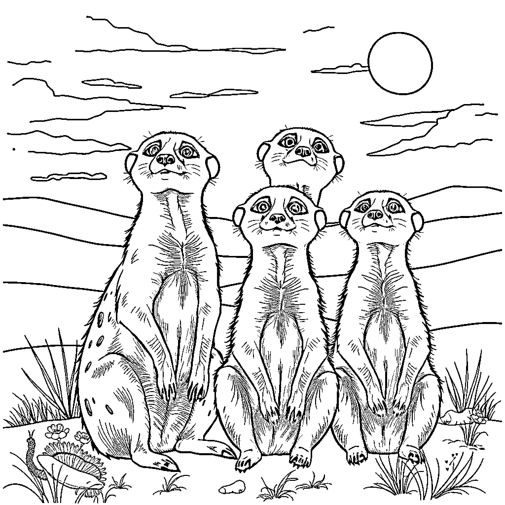 Meerkats observing the landscape in the wilderness Coloring Page (free black-and-white line drawing printable PDF for all, from beginners to advanced learners, including children, teens, adults, and seniors)