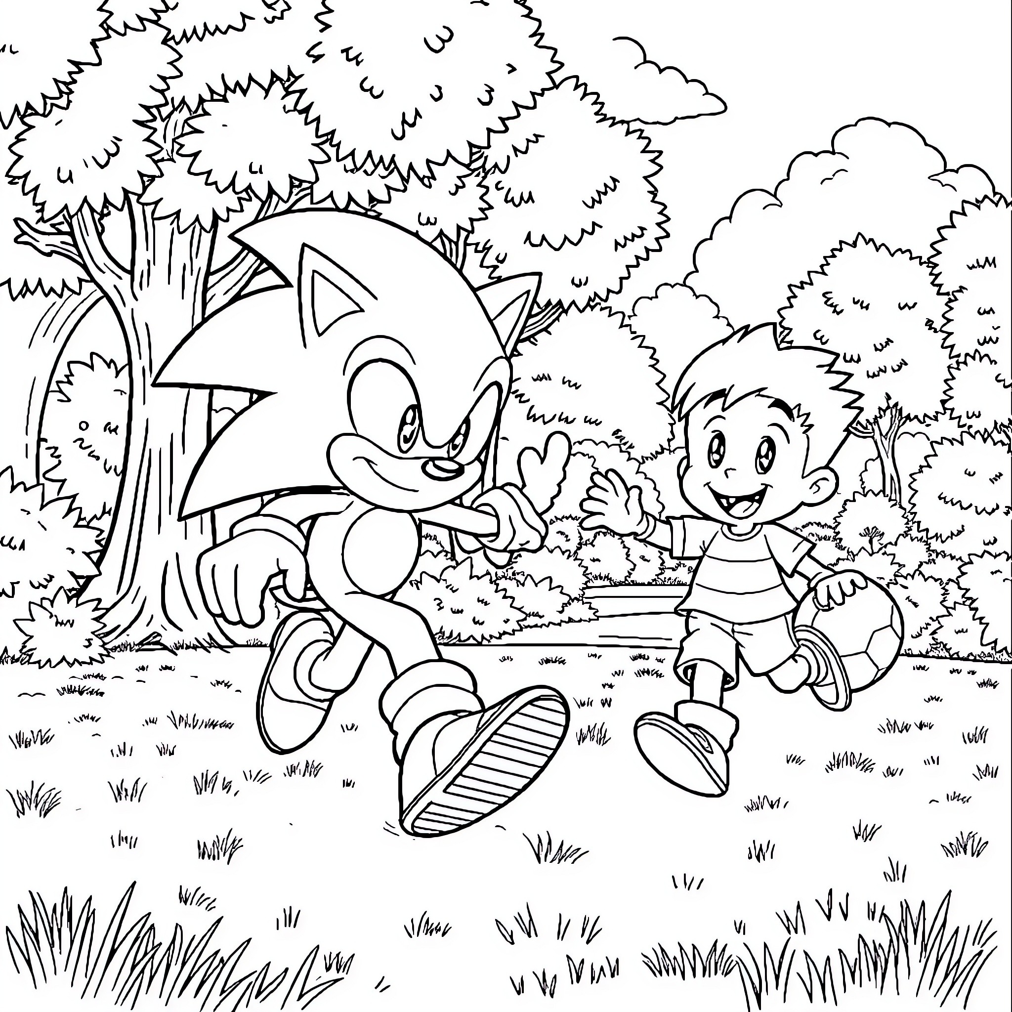 Sonic and friends enjoy outdoor adventure Coloring Page (free black-and-white line drawing printable PDF for all, from beginners to advanced learners, including children, teens, adults, and seniors)