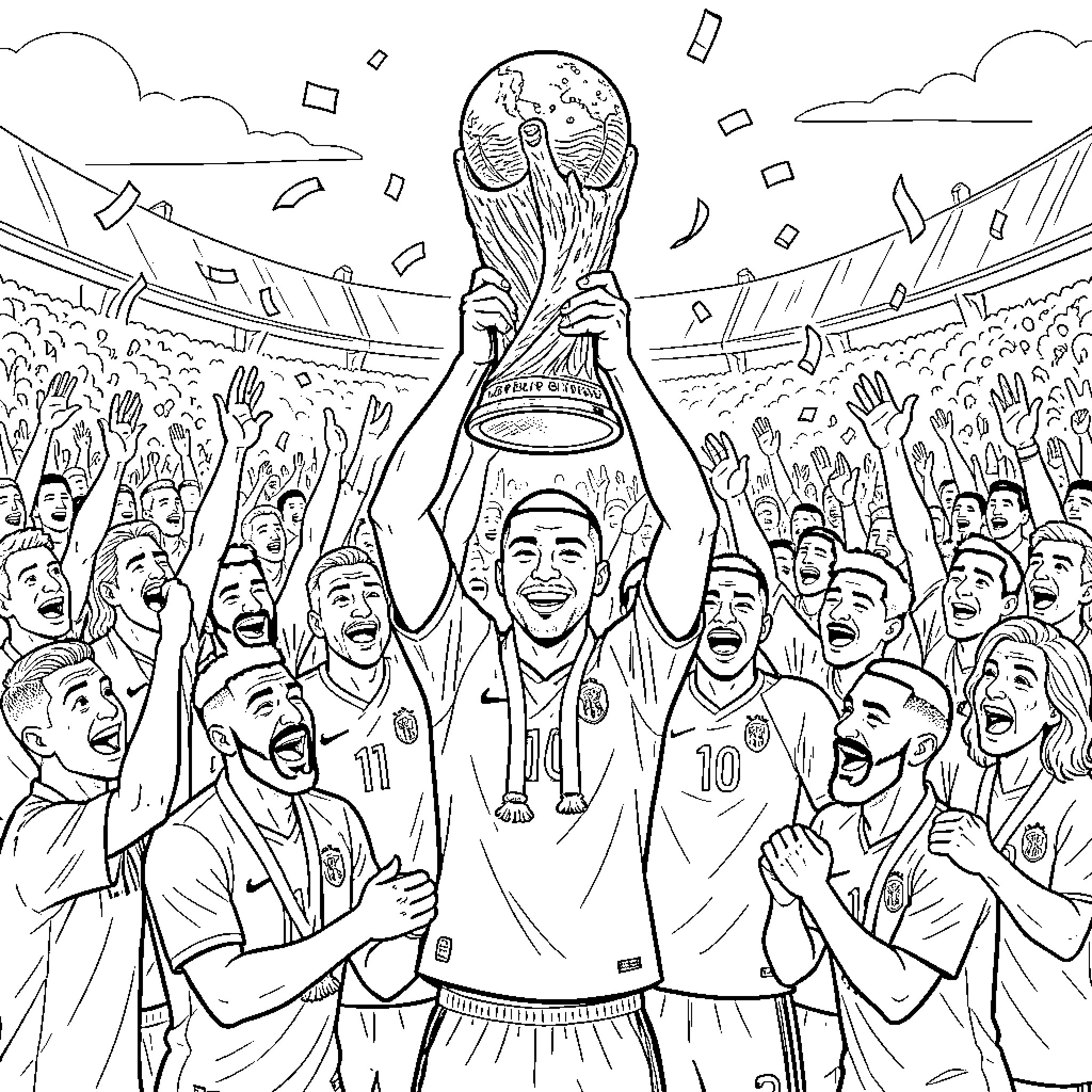 Mbappe celebrating joyfully while lifting a trophy Coloring Page (free black-and-white line drawing printable PDF for all, from beginners to advanced learners, including children, teens, adults, and seniors)