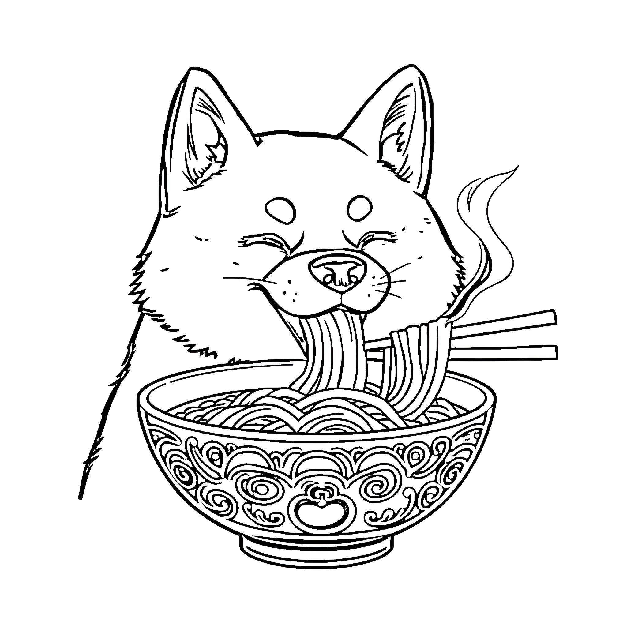 Shiba Inu Enjoying Noodles in a Bowl Coloring Page (free black-and-white line drawing printable PDF for all, from beginners to advanced learners, including children, teens, adults, and seniors)