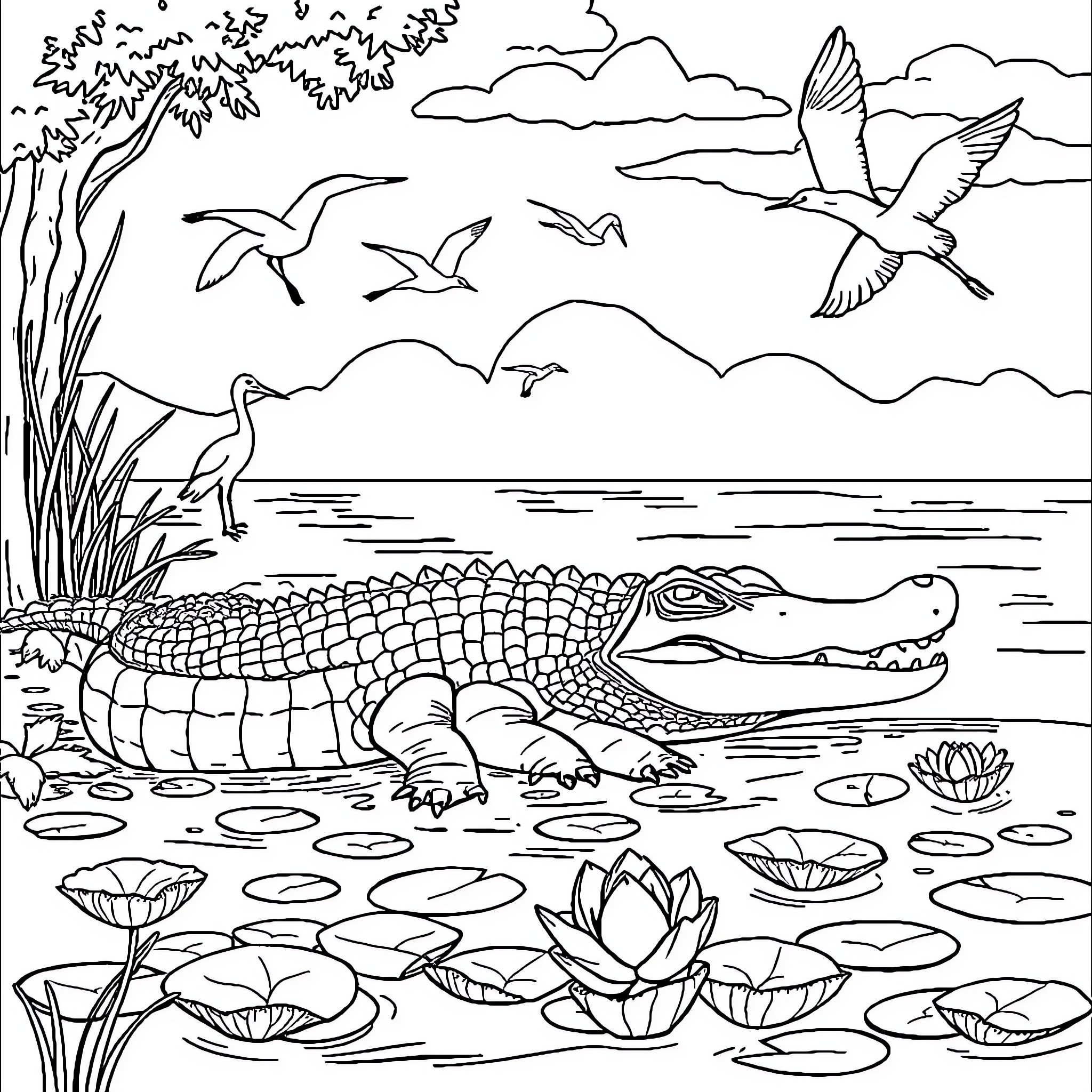 Jacaré-Açu swimming amidst nature's wonders Coloring Page (free black-and-white line drawing printable PDF for all, from beginners to advanced learners, including children, teens, adults, and seniors)
