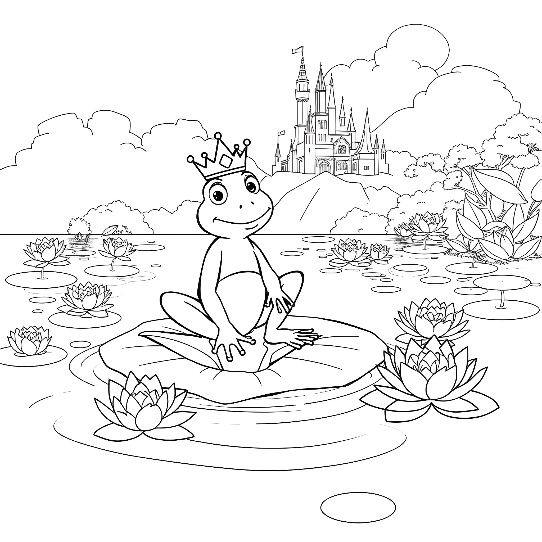 Frog prince sitting on a lily pad in a magical pond Coloring Page (free black-and-white line drawing printable PDF for all, from beginners to advanced learners, including children, teens, adults, and seniors)