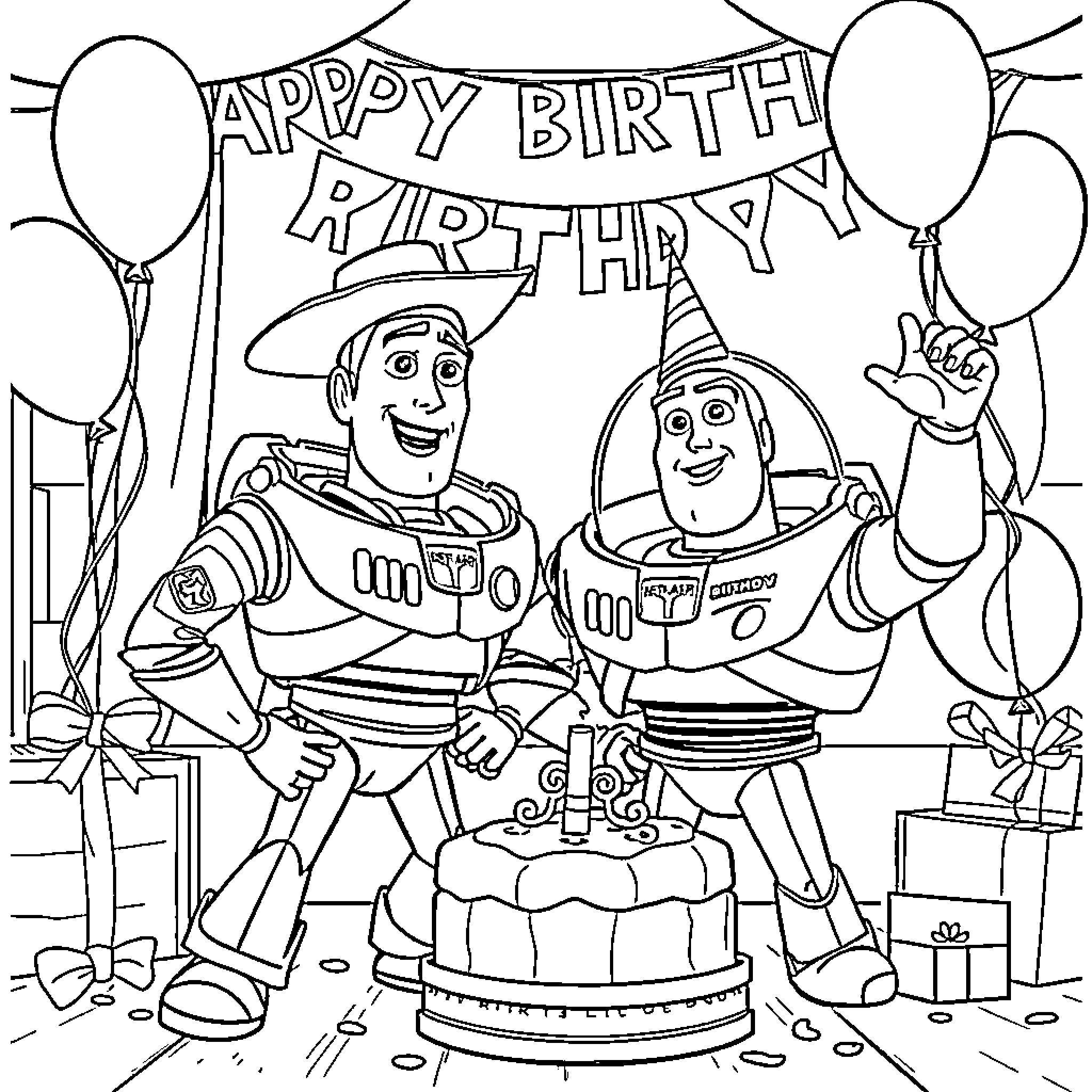 Buzz and Woody celebrate a birthday party together Coloring Page (free black-and-white line drawing printable PDF for all, from beginners to advanced learners, including children, teens, adults, and seniors)