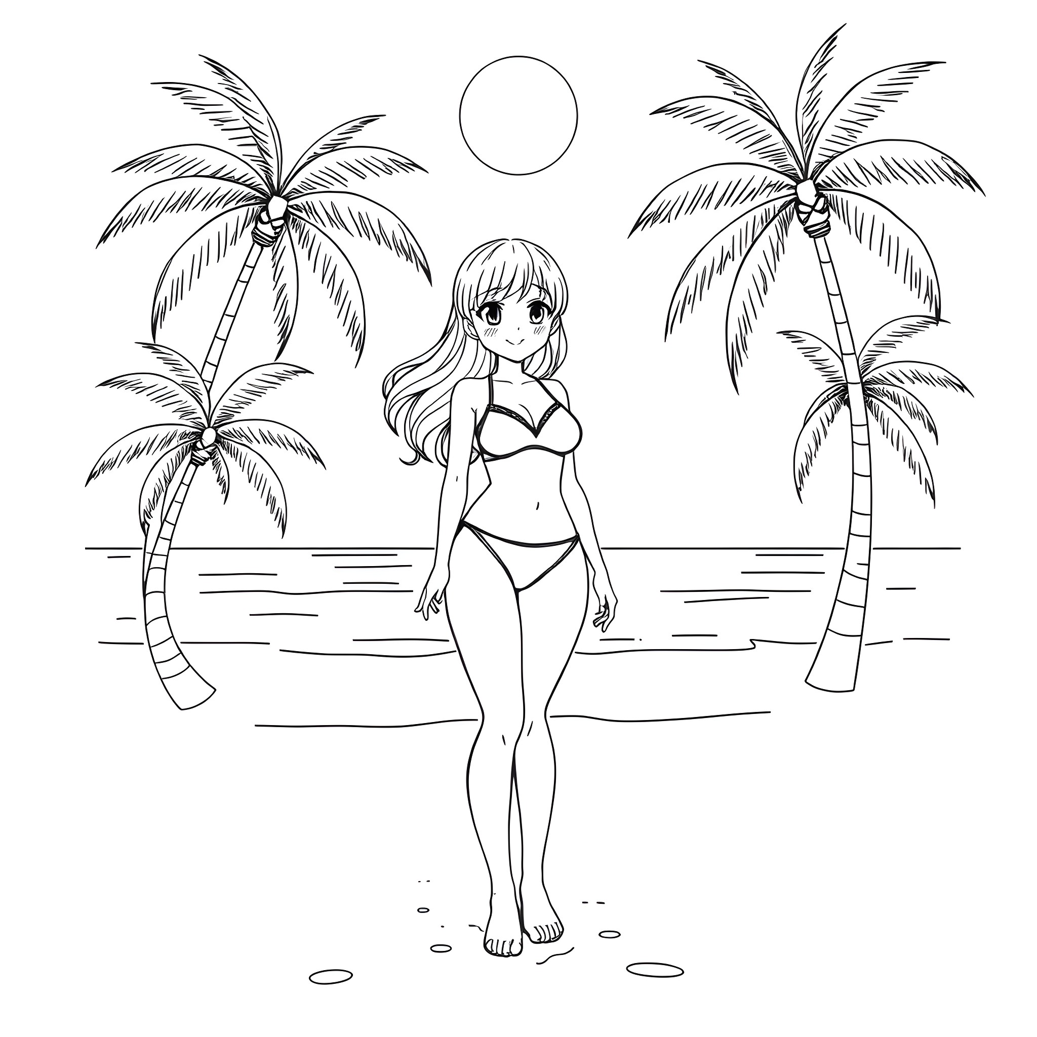 Anime Girl Enjoying Tropical Beach Scenery Coloring Page (free black-and-white line drawing printable PDF for all, from beginners to advanced learners, including children, teens, adults, and seniors)