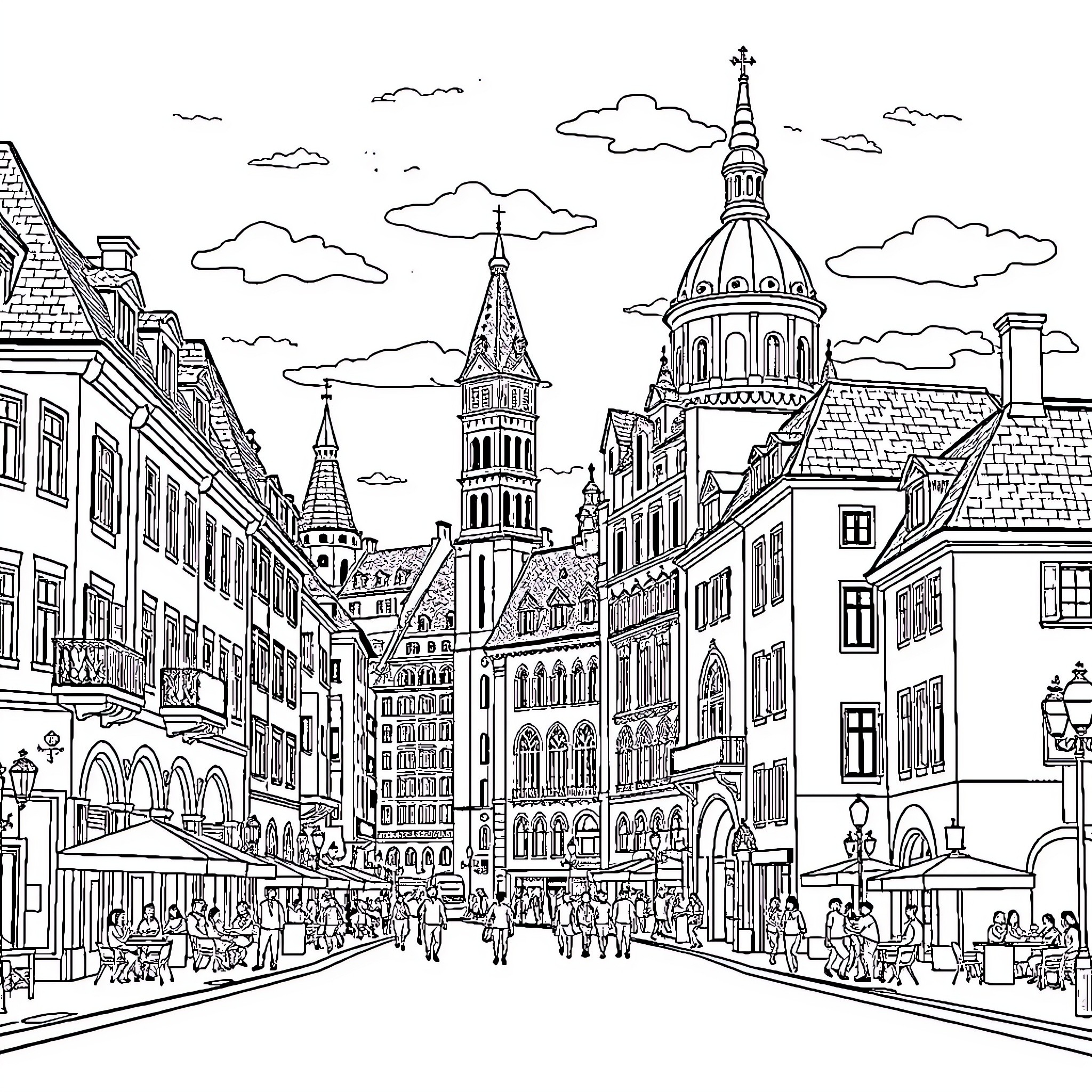 Debrecen historic city with architectures and people Coloring Page (free black-and-white line drawing printable PDF for all, from beginners to advanced learners, including children, teens, adults, and seniors)