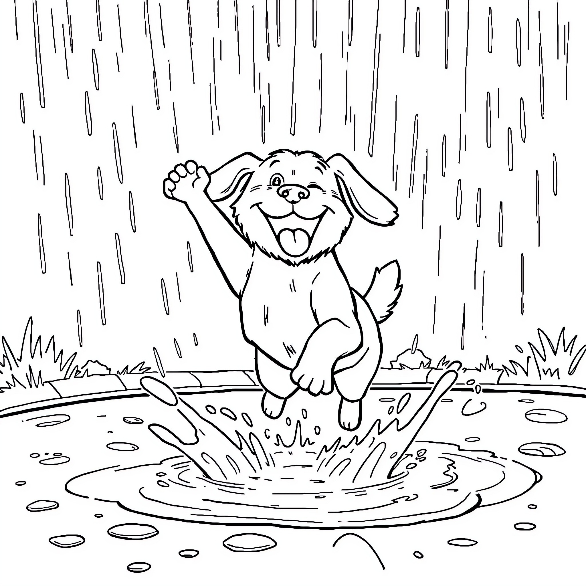 Dog playing joyfully in the rain Coloring Page (free black-and-white line drawing printable PDF for all, from beginners to advanced learners, including children, teens, adults, and seniors)