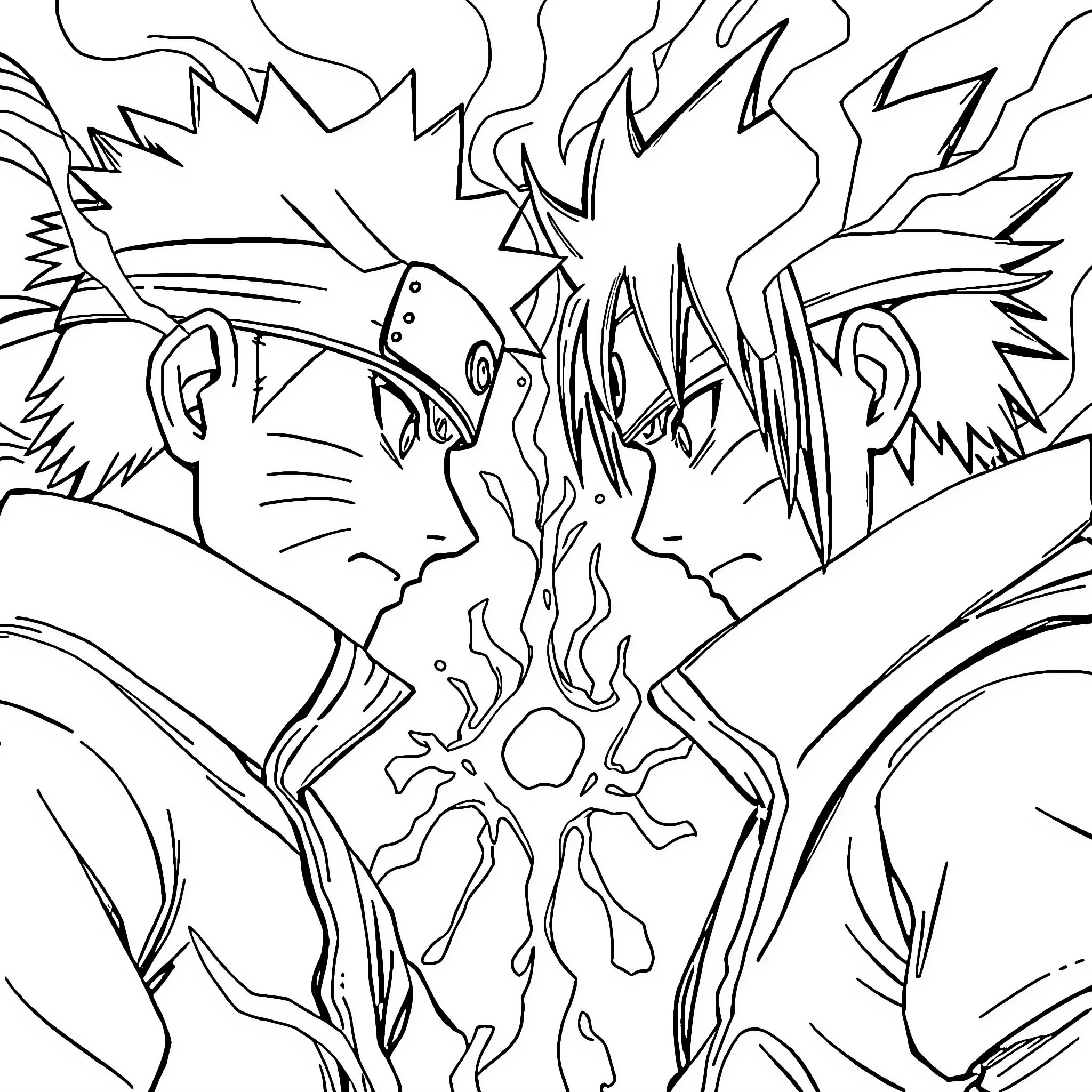 Naruto characters clash in intense battle Coloring Page (free black-and-white line drawing printable PDF for all, from beginners to advanced learners, including children, teens, adults, and seniors)