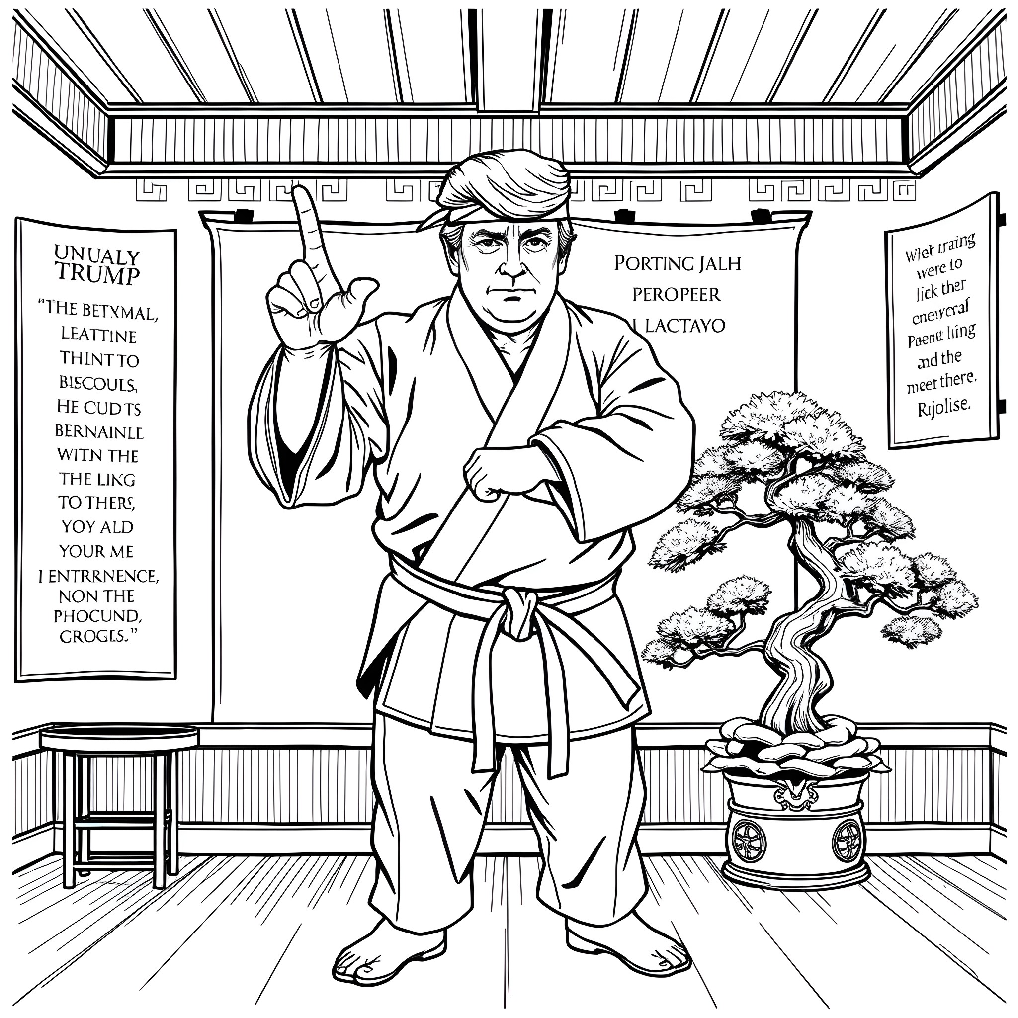 Donald Trump expressing unusual views in the room Coloring Page (free black-and-white line drawing printable PDF for all, from beginners to advanced learners, including children, teens, adults, and seniors)
