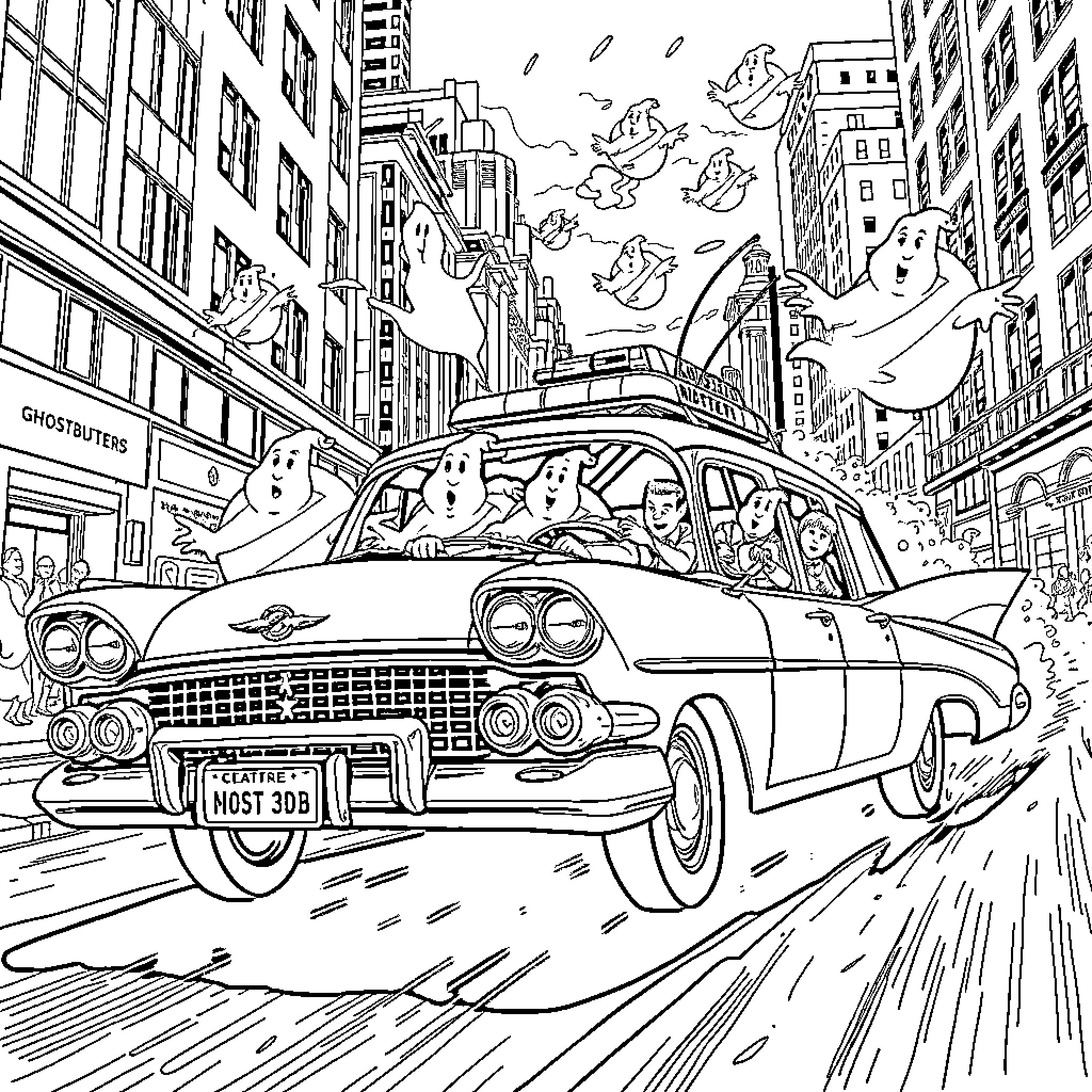 Ecto 1 Ghostbusters car speeding through busy city streets Coloring Page (free black-and-white line drawing printable PDF for all, from beginners to advanced learners, including children, teens, adults, and seniors)
