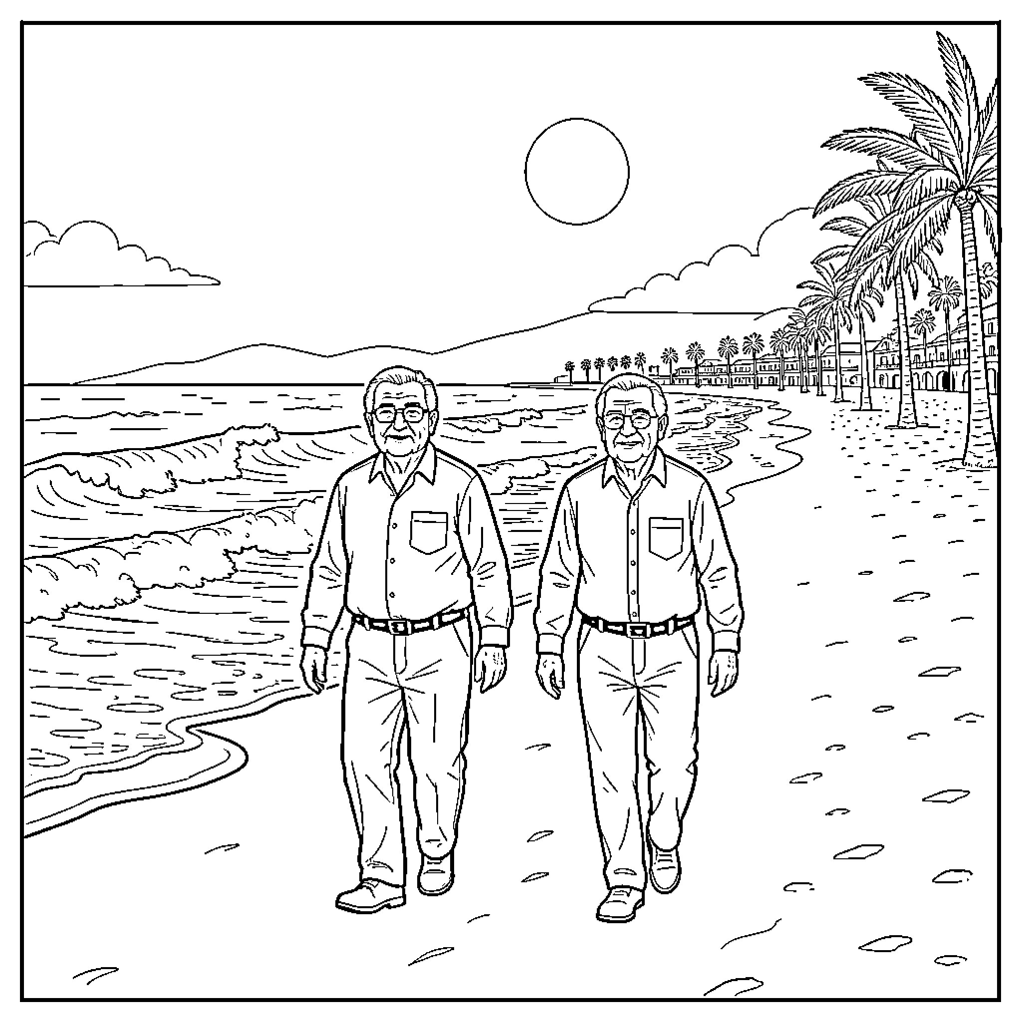 Elderly gentlemen enjoying a stroll on the beach Coloring Page (free black-and-white line drawing printable PDF for all, from beginners to advanced learners, including children, teens, adults, and seniors)