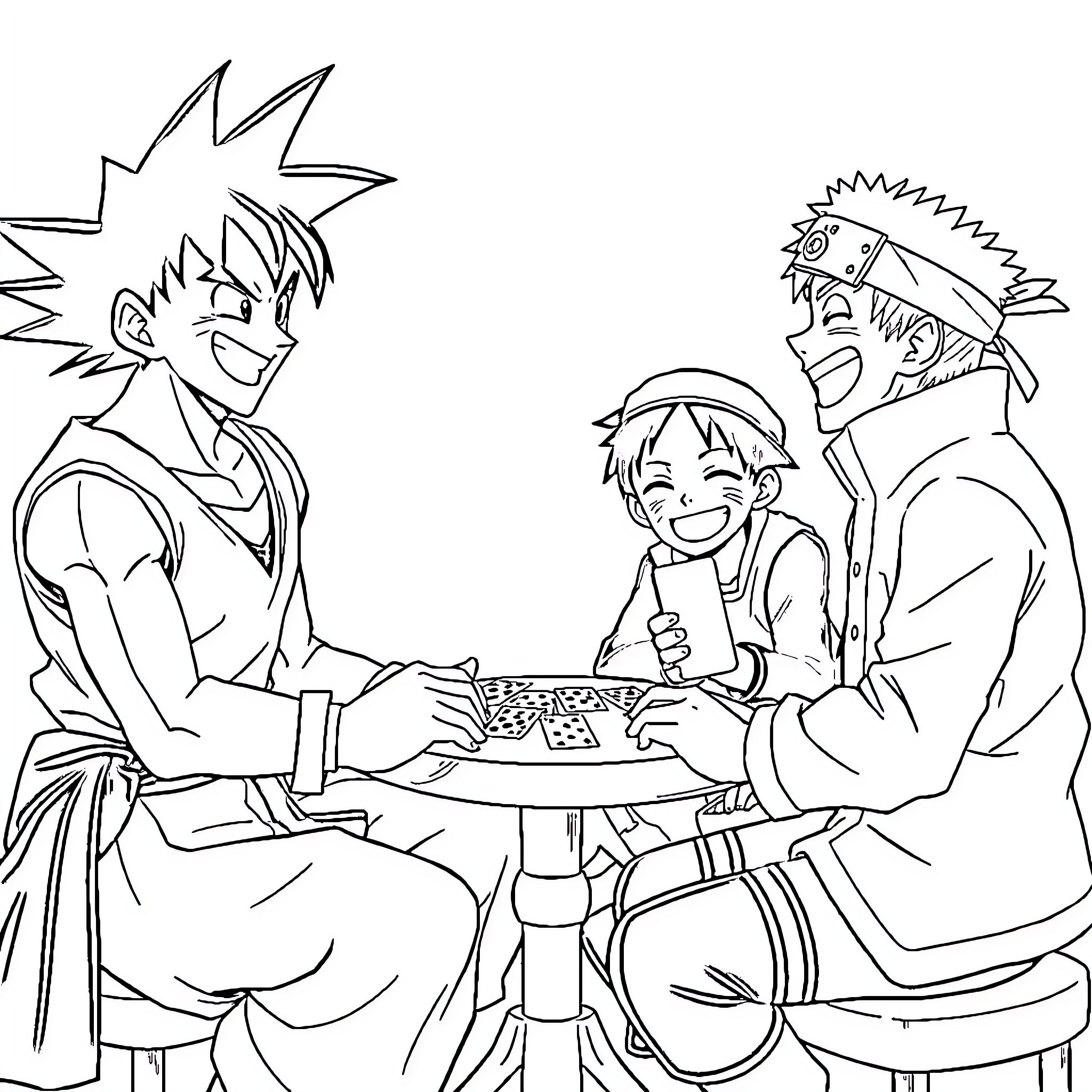 Goku and friends playing card games together Coloring Page (free black-and-white line drawing printable PDF for all, from beginners to advanced learners, including children, teens, adults, and seniors)