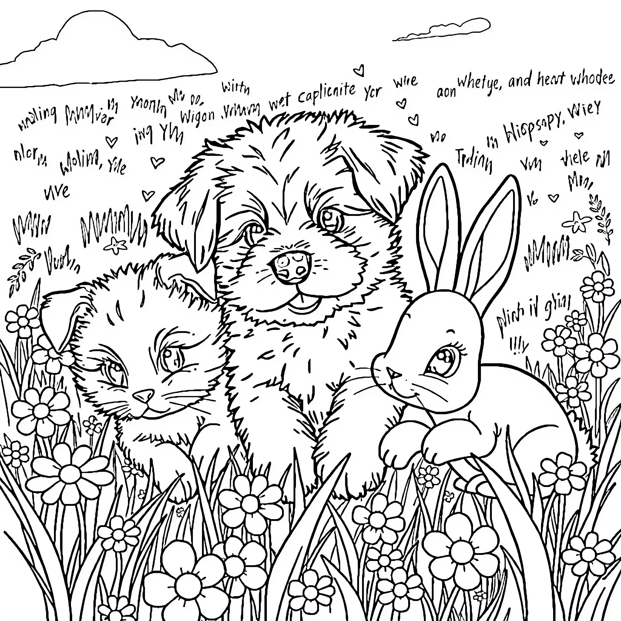 Puppy and Bunny Playing in a Flower Field Coloring Page (free black-and-white line drawing printable PDF for all, from beginners to advanced learners, including children, teens, adults, and seniors)