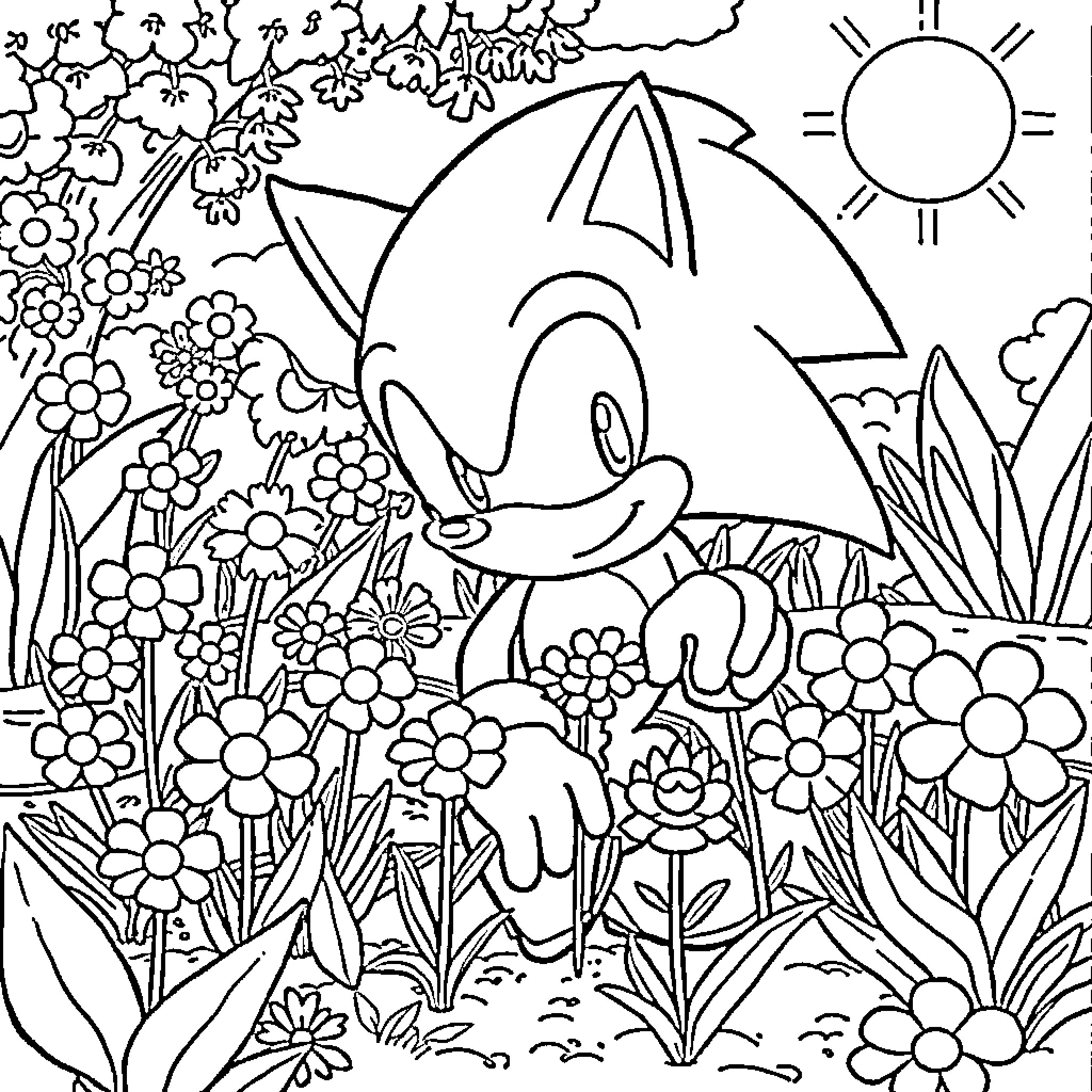 Sonic enjoying a scenic floral landscape Coloring Page (free black-and-white line drawing printable PDF for all, from beginners to advanced learners, including children, teens, adults, and seniors)