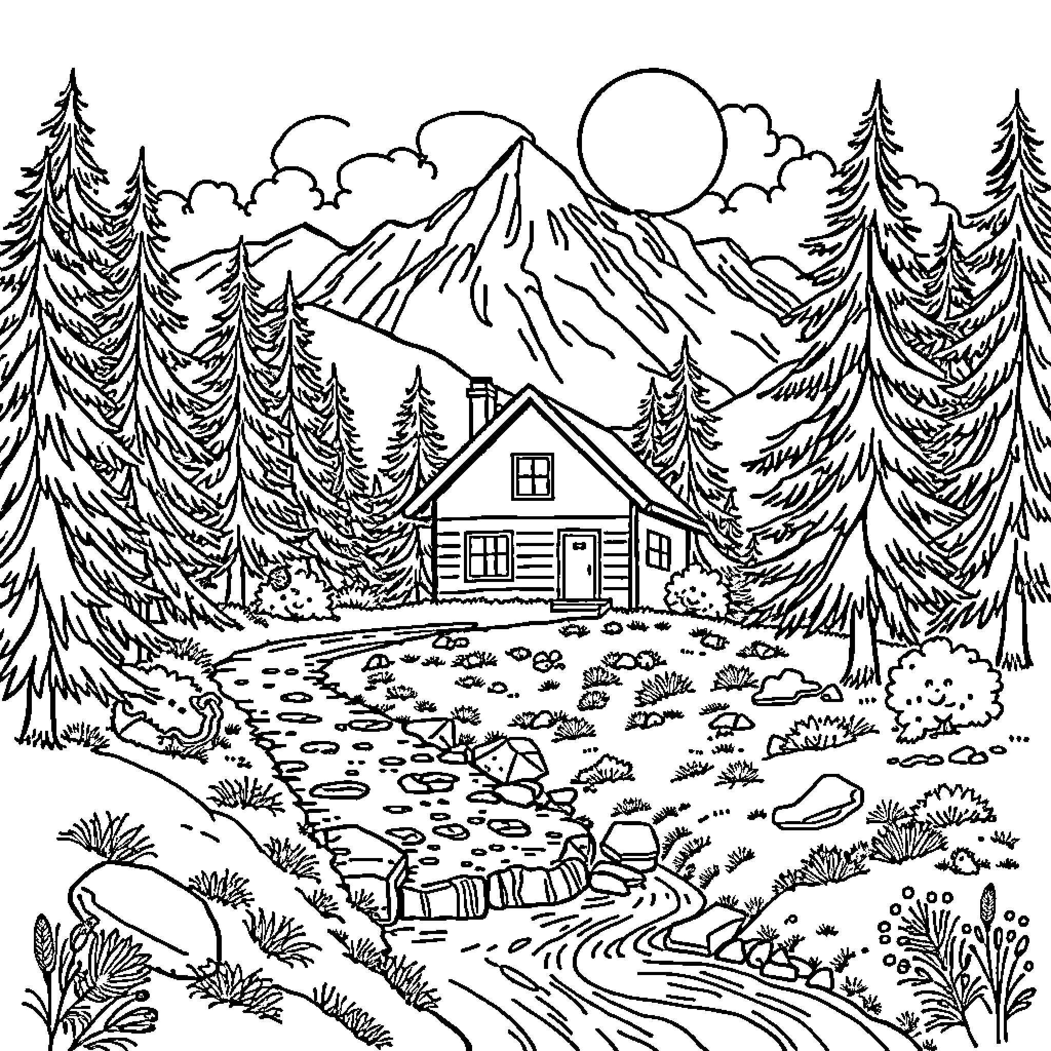 Casa in the Serene Mountain Landscape Coloring Page (free black-and-white line drawing printable PDF for all, from beginners to advanced learners, including children, teens, adults, and seniors)