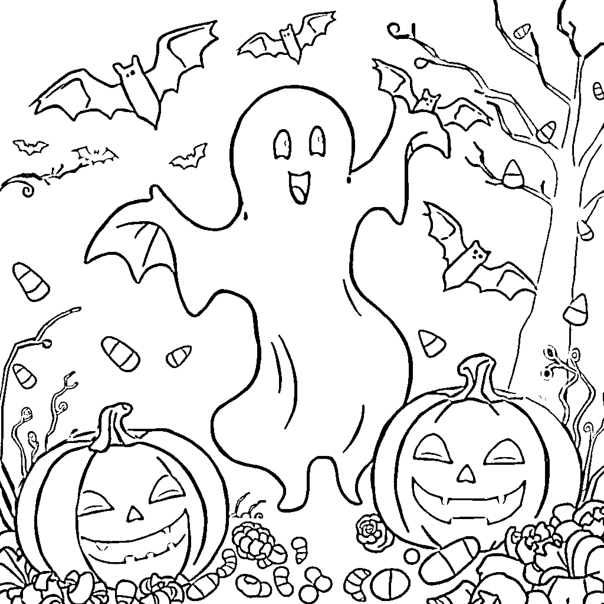 Halloween ghosts and pumpkins in the night Coloring Page (free black-and-white line drawing printable PDF for all, from beginners to advanced learners, including children, teens, adults, and seniors)