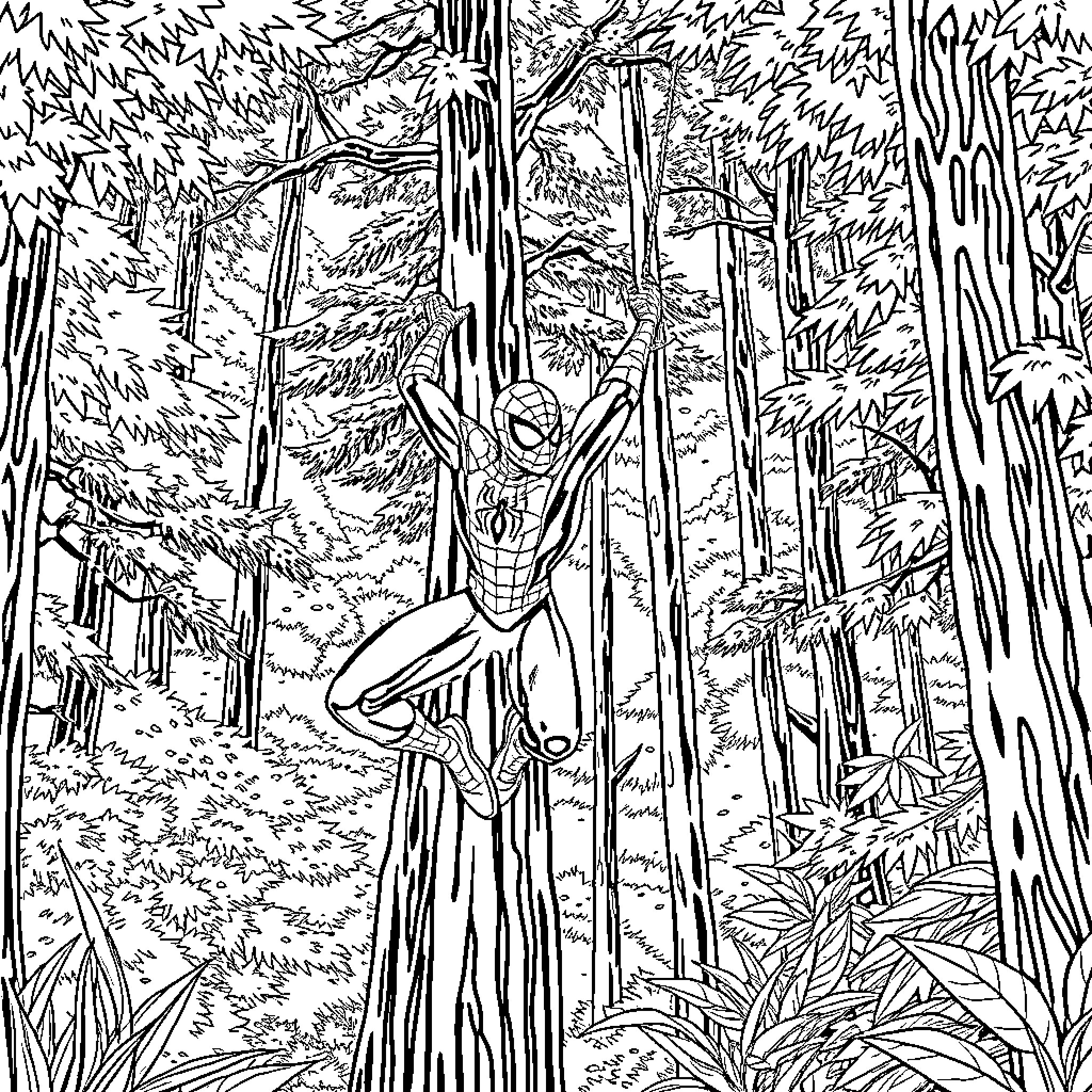 Spiderman swinging through the forest Coloring Page (free black-and-white line drawing printable PDF for all, from beginners to advanced learners, including children, teens, adults, and seniors)