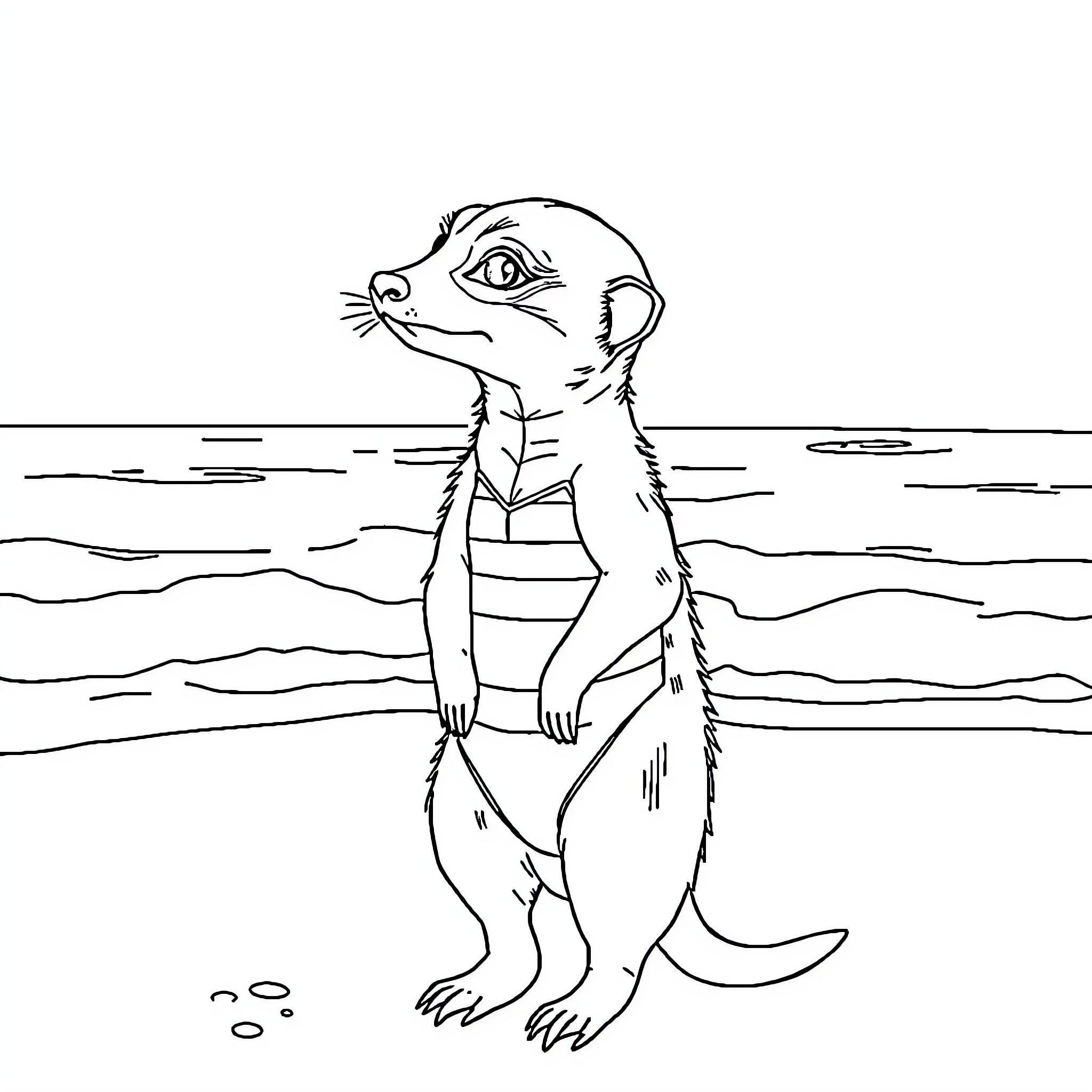 Meerkat standing in shallow water Coloring Page (free black-and-white line drawing printable PDF for all, from beginners to advanced learners, including children, teens, adults, and seniors)