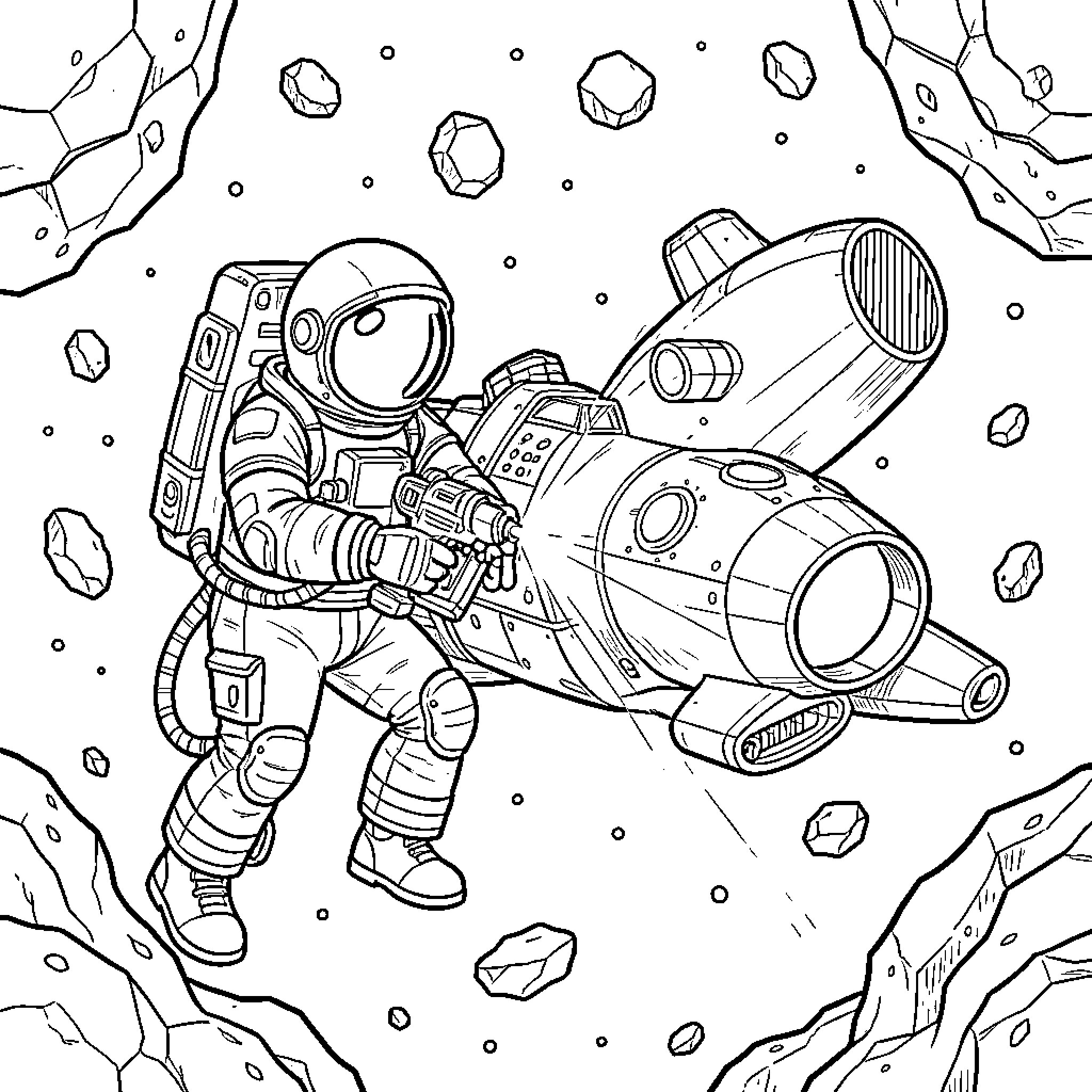 Astronaut repairing a spaceship near floating asteroids Coloring Page (free black-and-white line drawing printable PDF for all, from beginners to advanced learners, including children, teens, adults, and seniors)