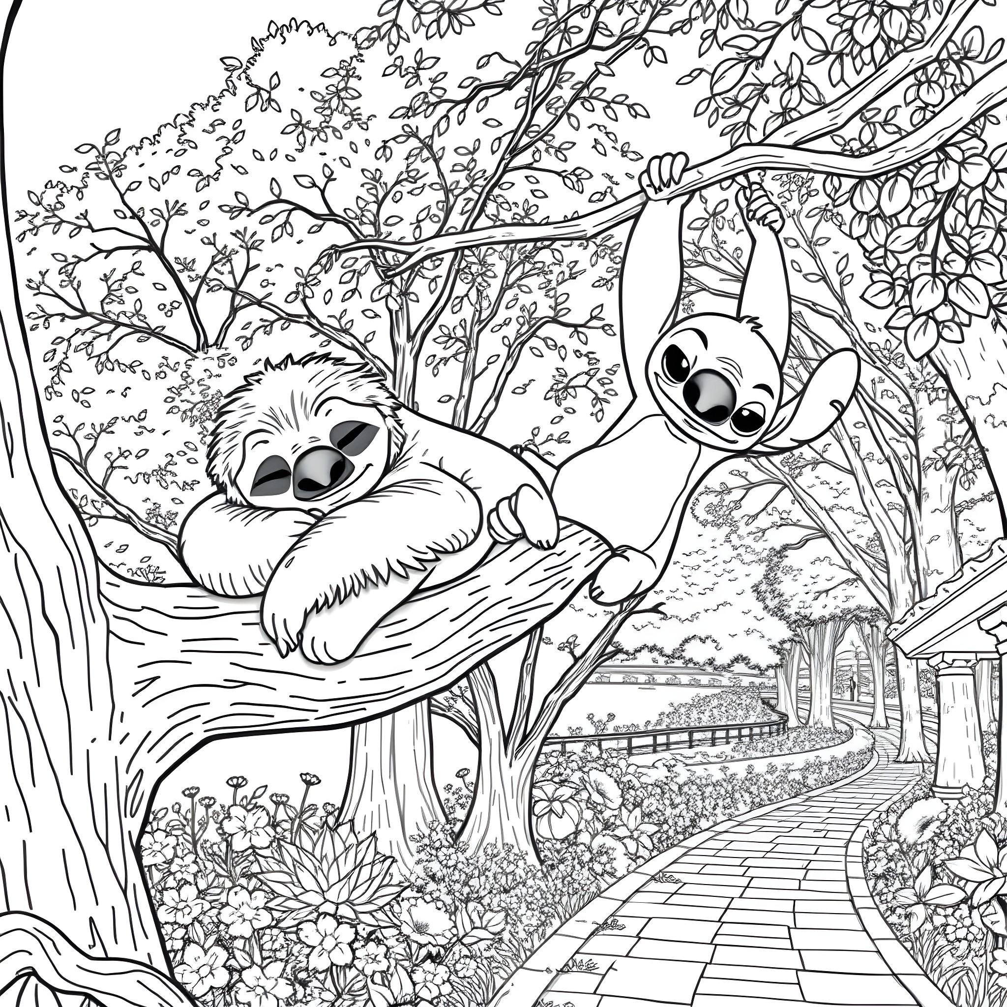 Sloth enjoying a peaceful day in the forest Coloring Page (free black-and-white line drawing printable PDF for all, from beginners to advanced learners, including children, teens, adults, and seniors)