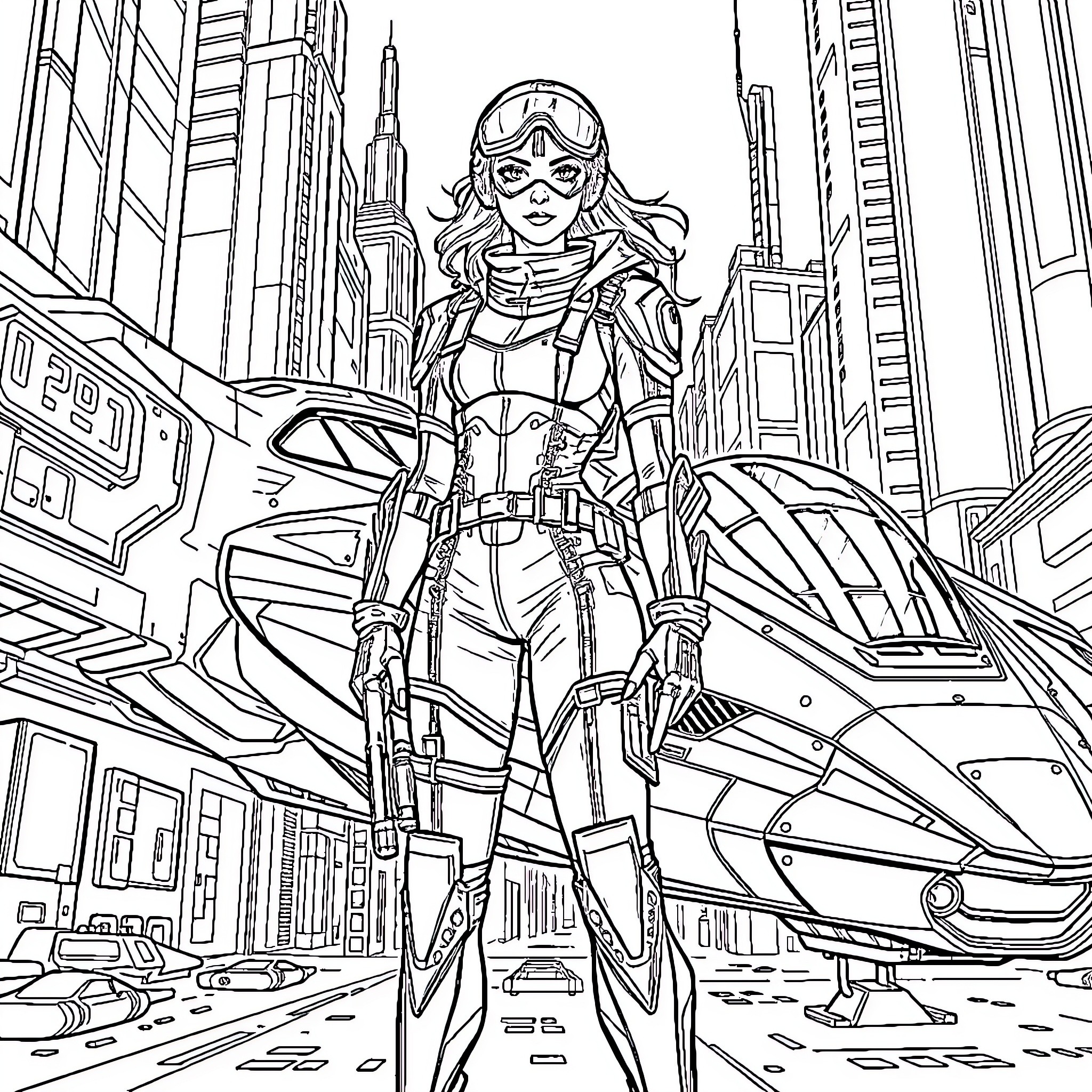 Pilot Navigates Futuristic Cityscape with Determination Coloring Page (free black-and-white line drawing printable PDF for all, from beginners to advanced learners, including children, teens, adults, and seniors)
