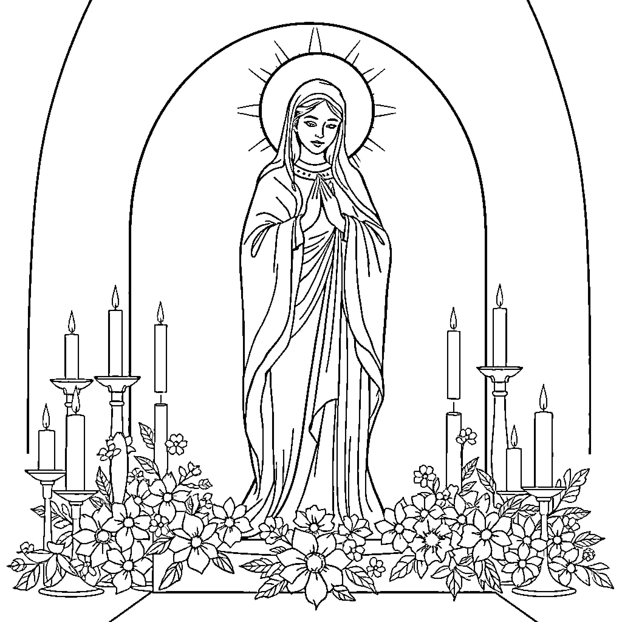Mary in elegant religious robes with halo and flowers Coloring Page (free black-and-white line drawing printable PDF for all, from beginners to advanced learners, including children, teens, adults, and seniors)