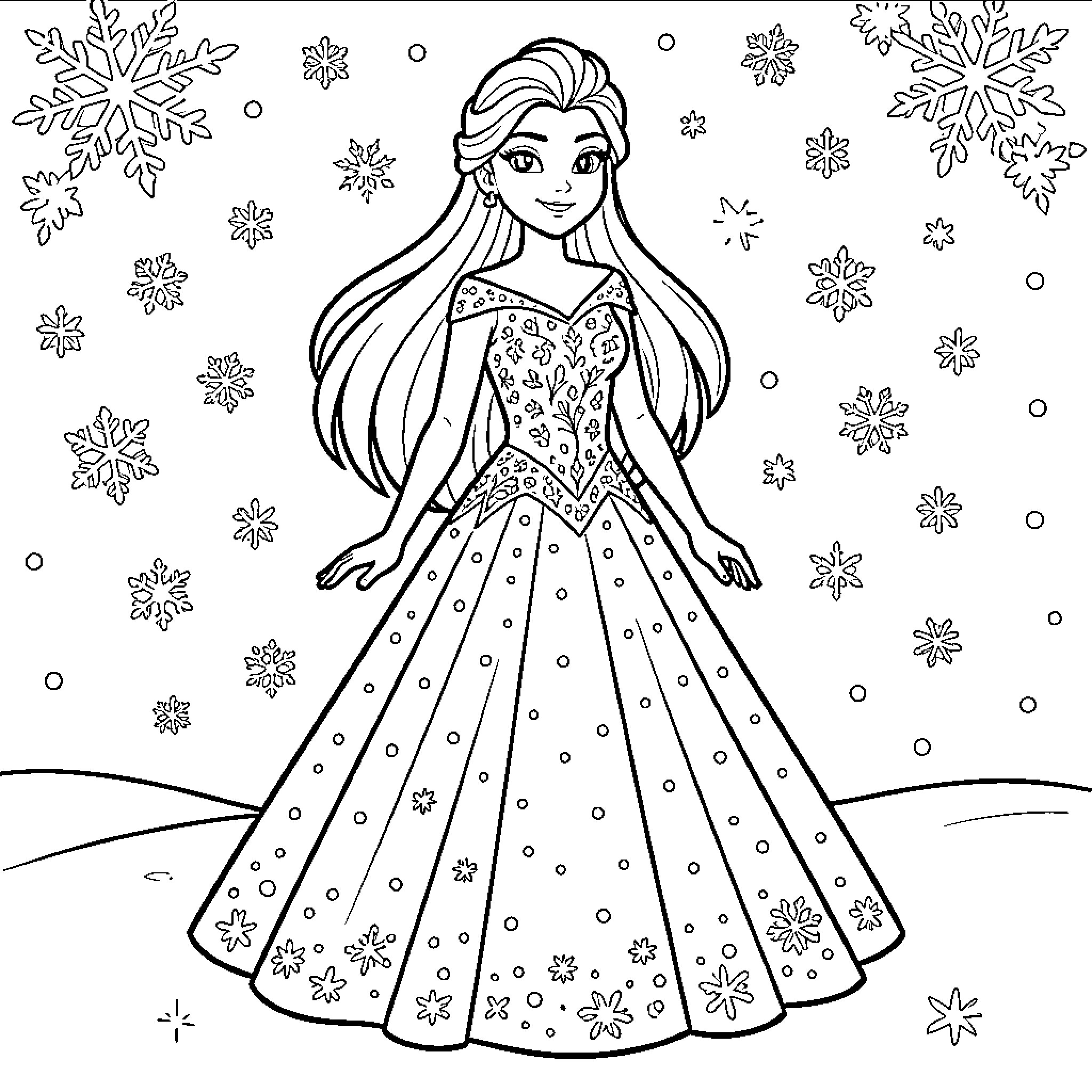 Elsa wearing a gown standing among falling snowflakes Coloring Page (free black-and-white line drawing printable PDF for all, from beginners to advanced learners, including children, teens, adults, and seniors)