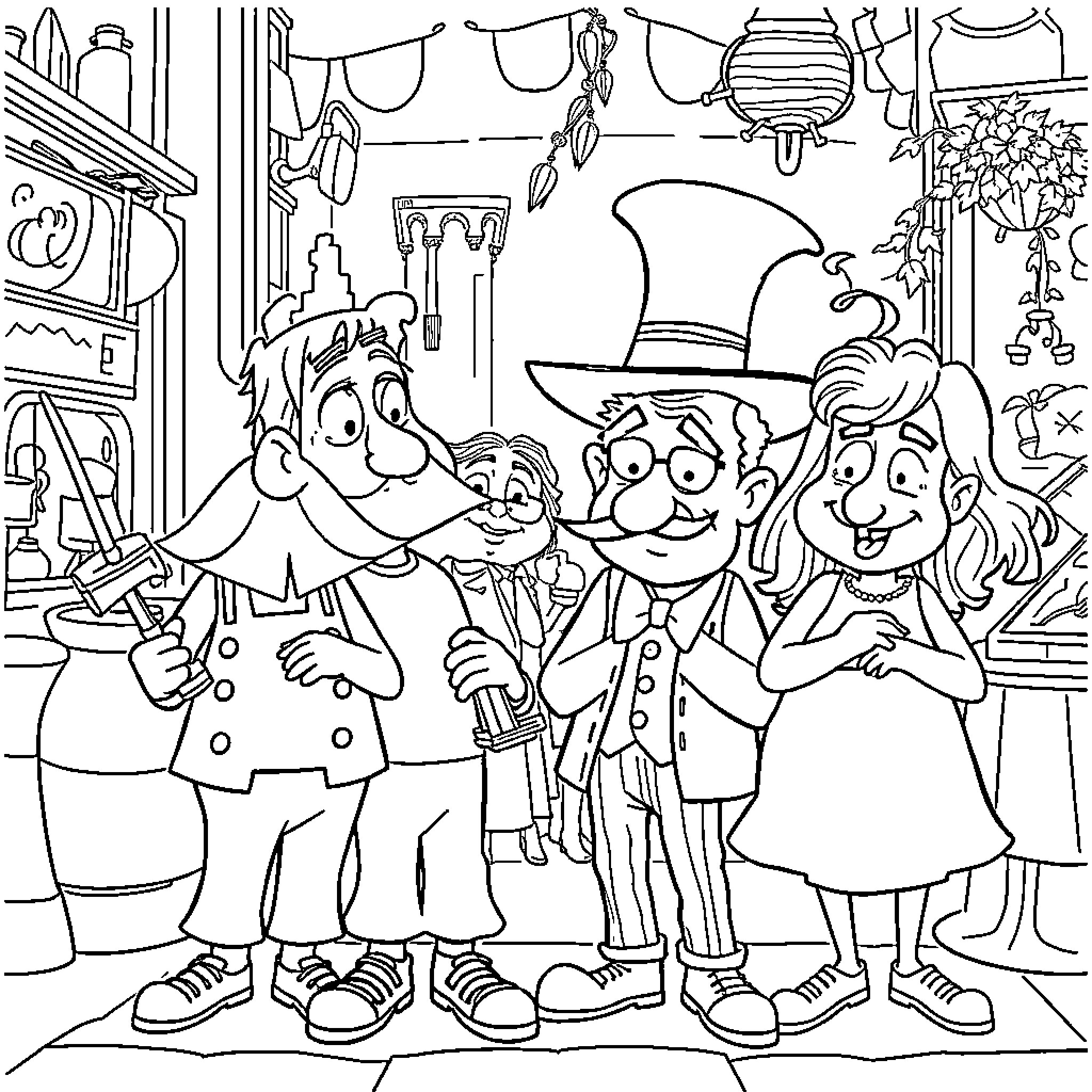 Character group posing with party accessories and decorations Coloring Page (free black-and-white line drawing printable PDF for all, from beginners to advanced learners, including children, teens, adults, and seniors)