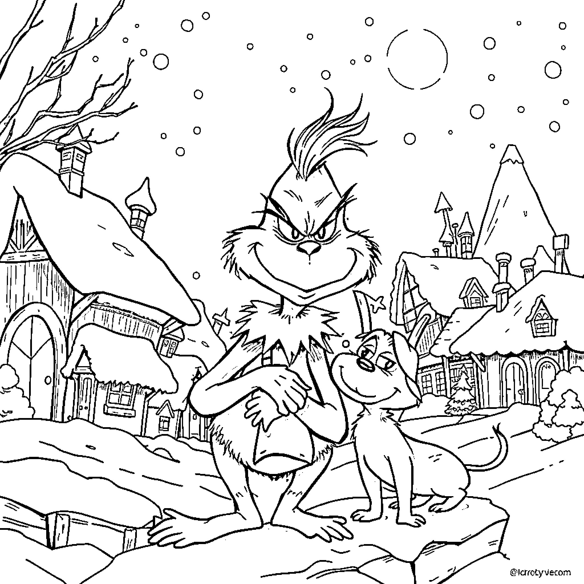 Grinch and his dog exploring a winter wonderland Coloring Page (free black-and-white line drawing printable PDF for all, from beginners to advanced learners, including children, teens, adults, and seniors)