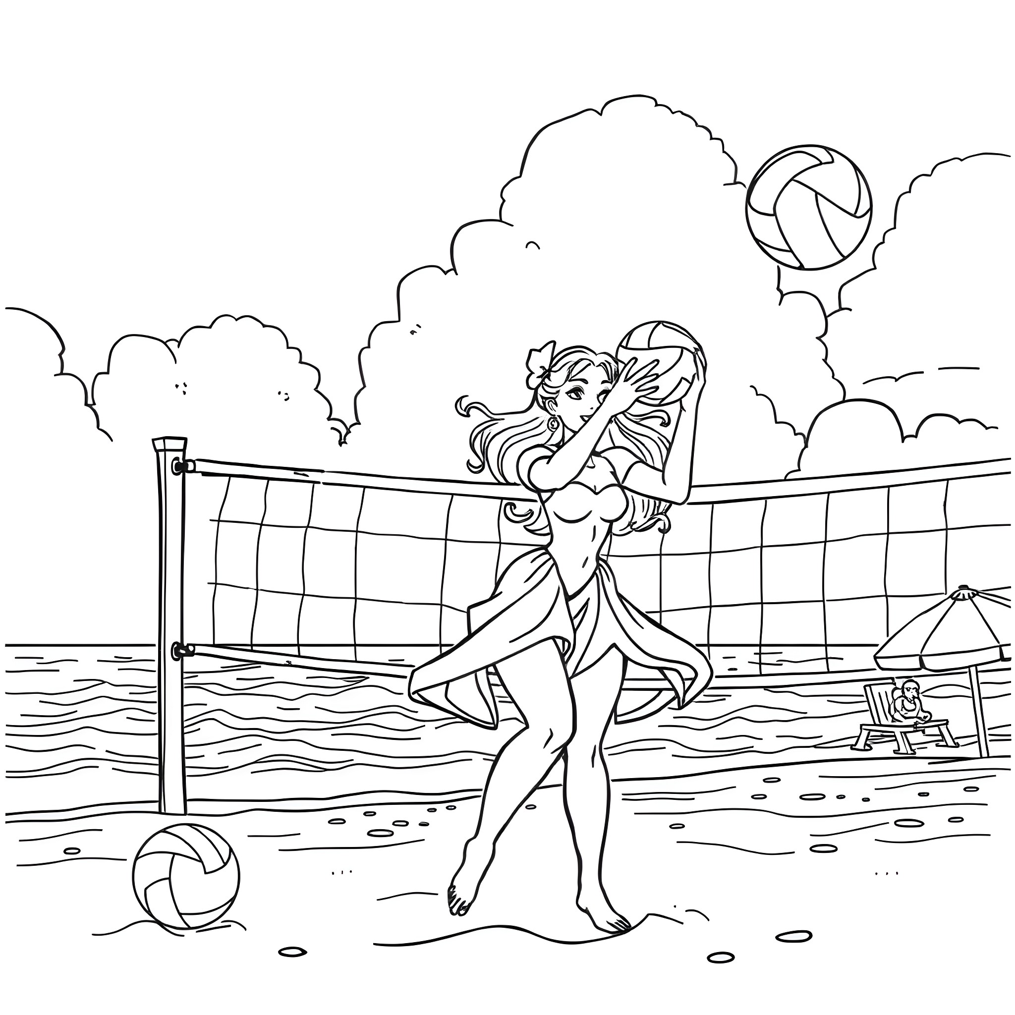 Cinderella playing volleyball on the beach Coloring Page (free black-and-white line drawing printable PDF for all, from beginners to advanced learners, including children, teens, adults, and seniors)