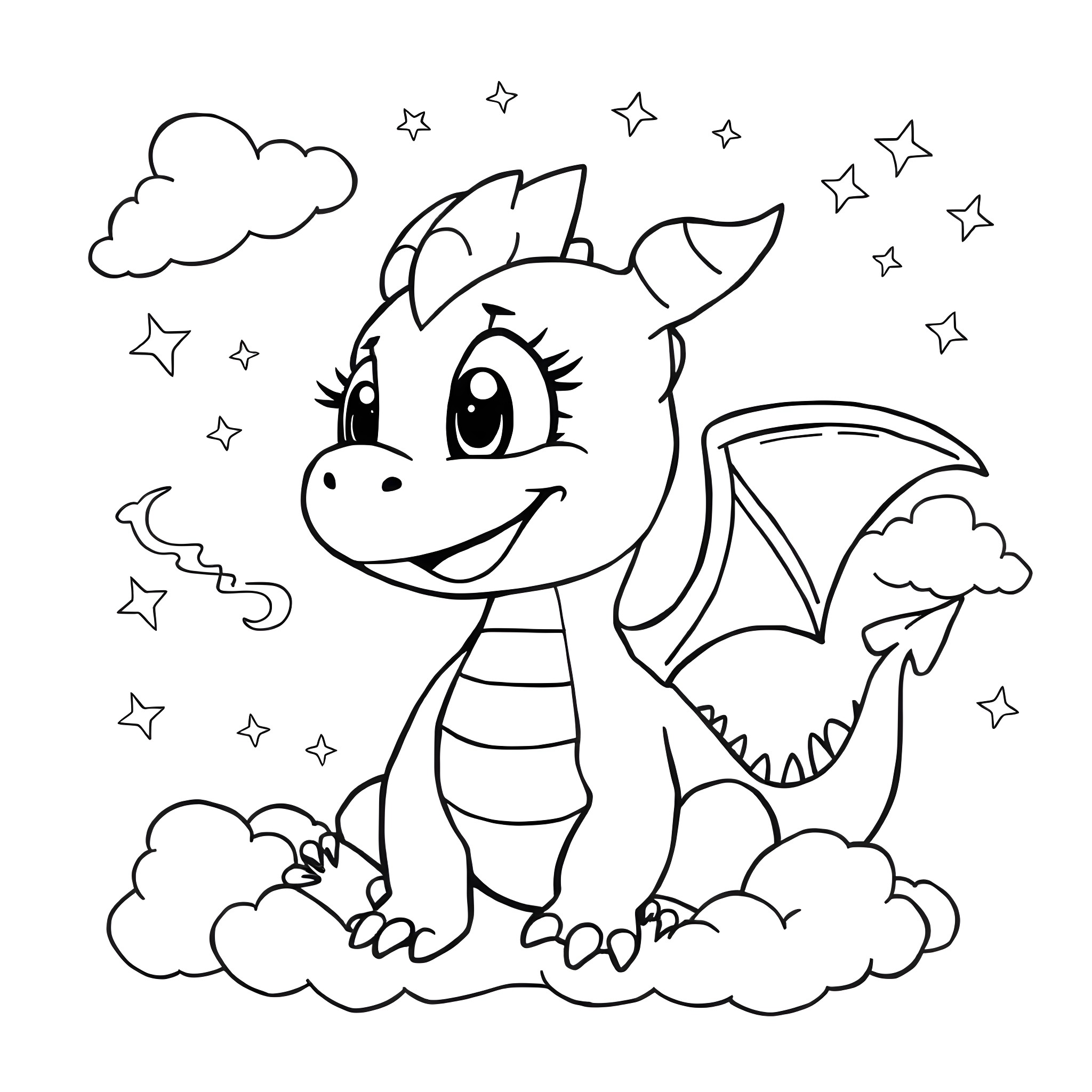 Dragon playing happily among clouds and stars Coloring Page (free black-and-white line drawing printable PDF for all, from beginners to advanced learners, including children, teens, adults, and seniors)