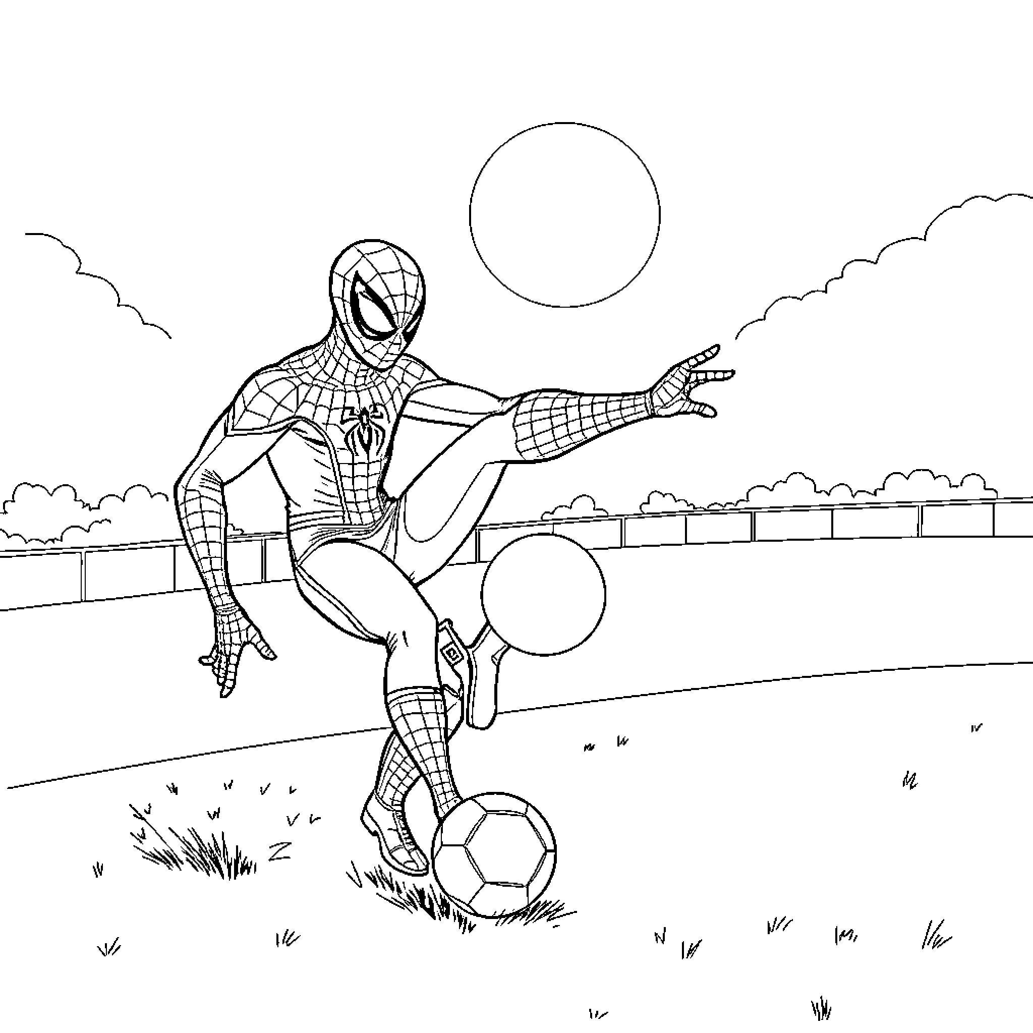 Spiderman playing soccer in the park Coloring Page (free black-and-white line drawing printable PDF for all, from beginners to advanced learners, including children, teens, adults, and seniors)