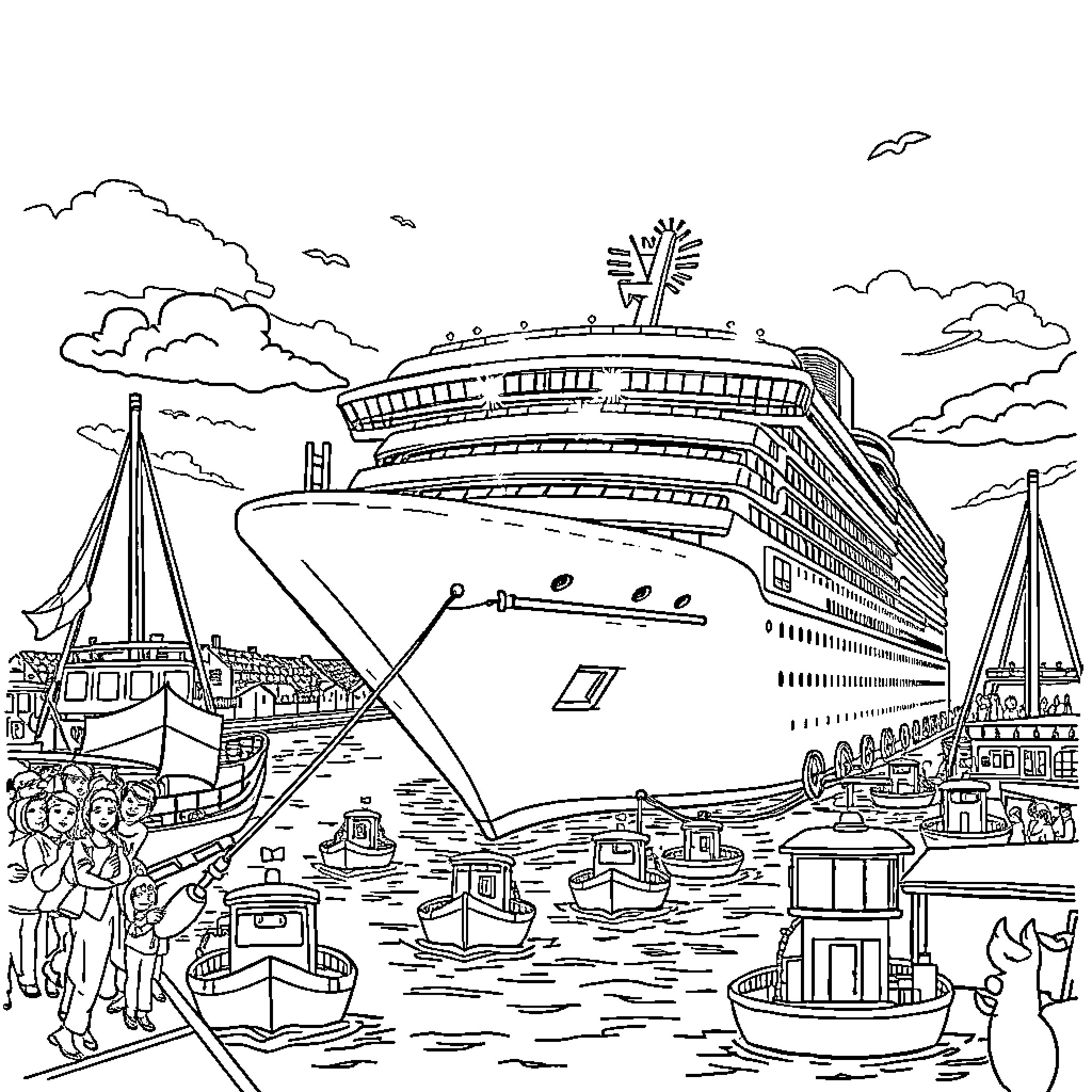 Cruiseship docked in a bustling harbor scene Coloring Page (free black-and-white line drawing printable PDF for all, from beginners to advanced learners, including children, teens, adults, and seniors)