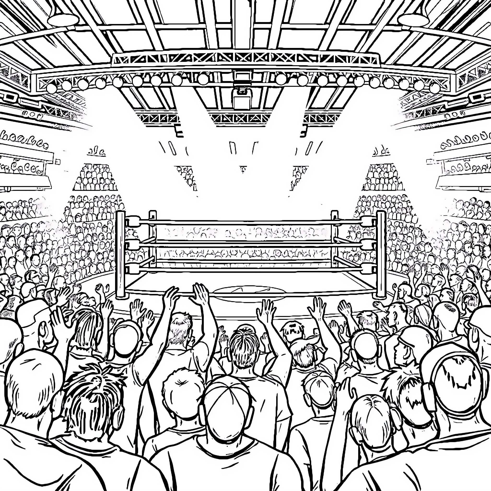 Wrestling Ring Filled with Excited Crowd Coloring Page (free black-and-white line drawing printable PDF for all, from beginners to advanced learners, including children, teens, adults, and seniors)