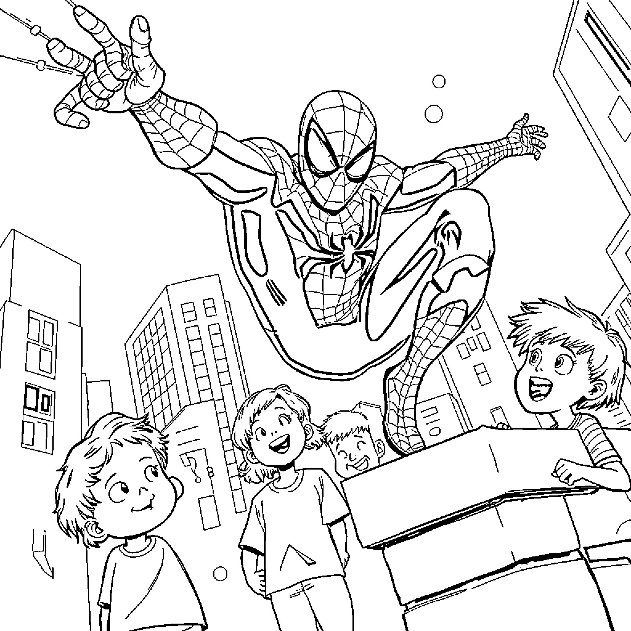Spiderman's Heroic Rescue in the City Coloring Page (free black-and-white line drawing printable PDF for all, from beginners to advanced learners, including children, teens, adults, and seniors)