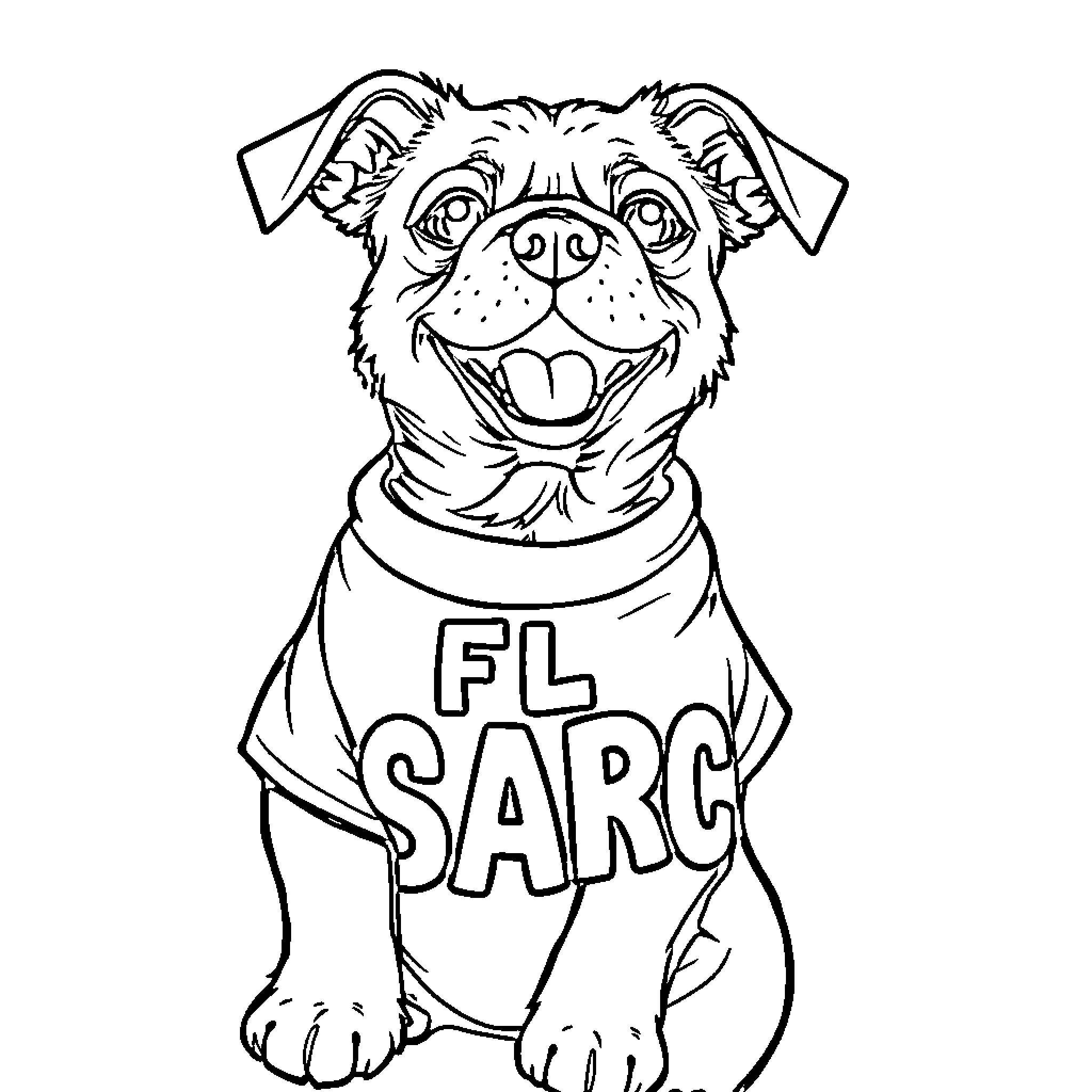 Dog wearing a 'FL SARC' shirt and smiling Coloring Page (free black-and-white line drawing printable PDF for all, from beginners to advanced learners, including children, teens, adults, and seniors)