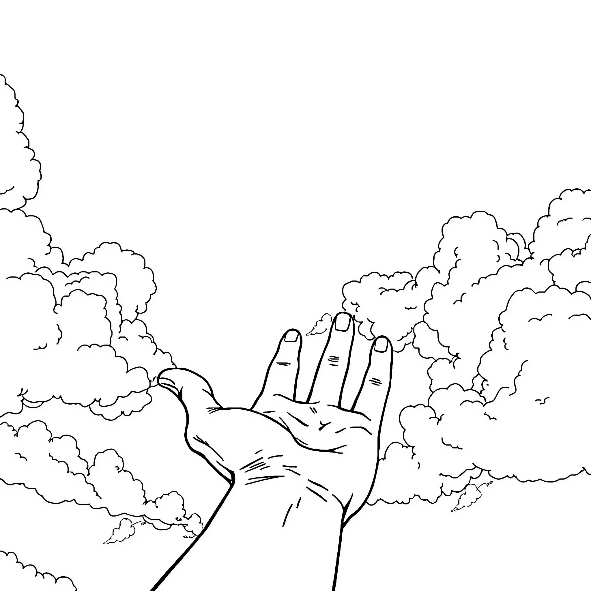 Hand reaching up through cloudy sky Coloring Page (free black-and-white line drawing printable PDF for all, from beginners to advanced learners, including children, teens, adults, and seniors)