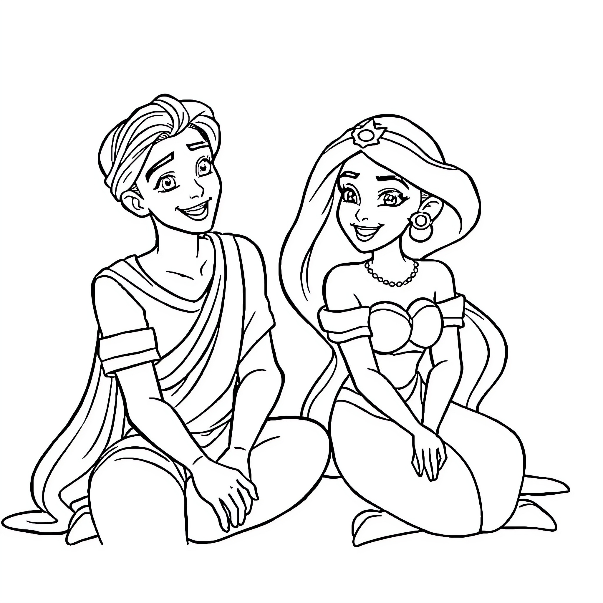 Jasmine and Aladdin enjoying a moment together Coloring Page (free black-and-white line drawing printable PDF for all, from beginners to advanced learners, including children, teens, adults, and seniors)
