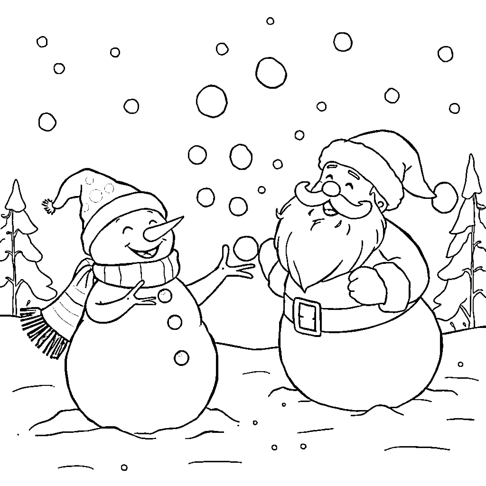 Snowman and Santa playing in the snowy winter Coloring Page (free black-and-white line drawing printable PDF for all, from beginners to advanced learners, including children, teens, adults, and seniors)