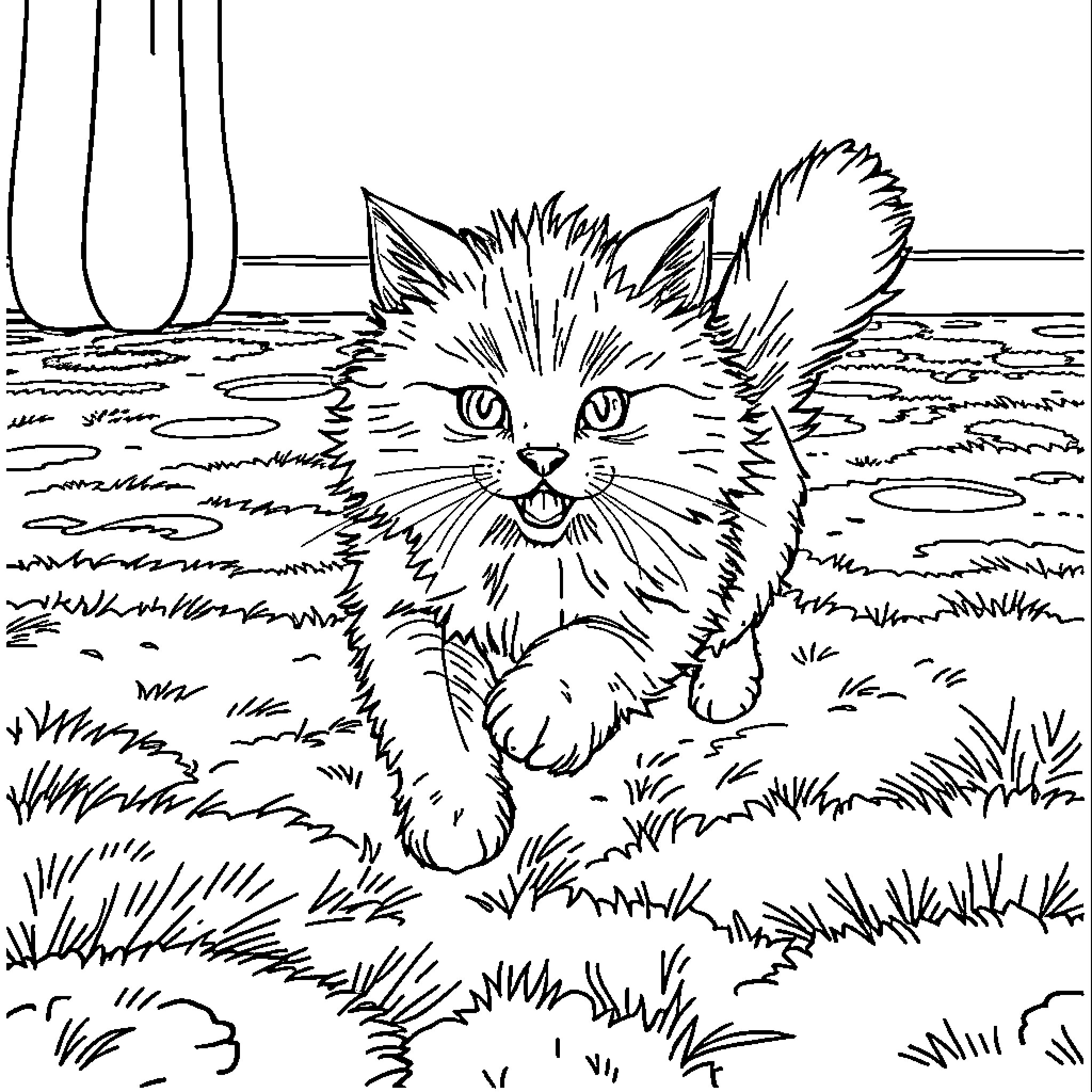 Cat in a meadow Coloring Page (free black-and-white line drawing printable PDF for all, from beginners to advanced learners, including children, teens, adults, and seniors)