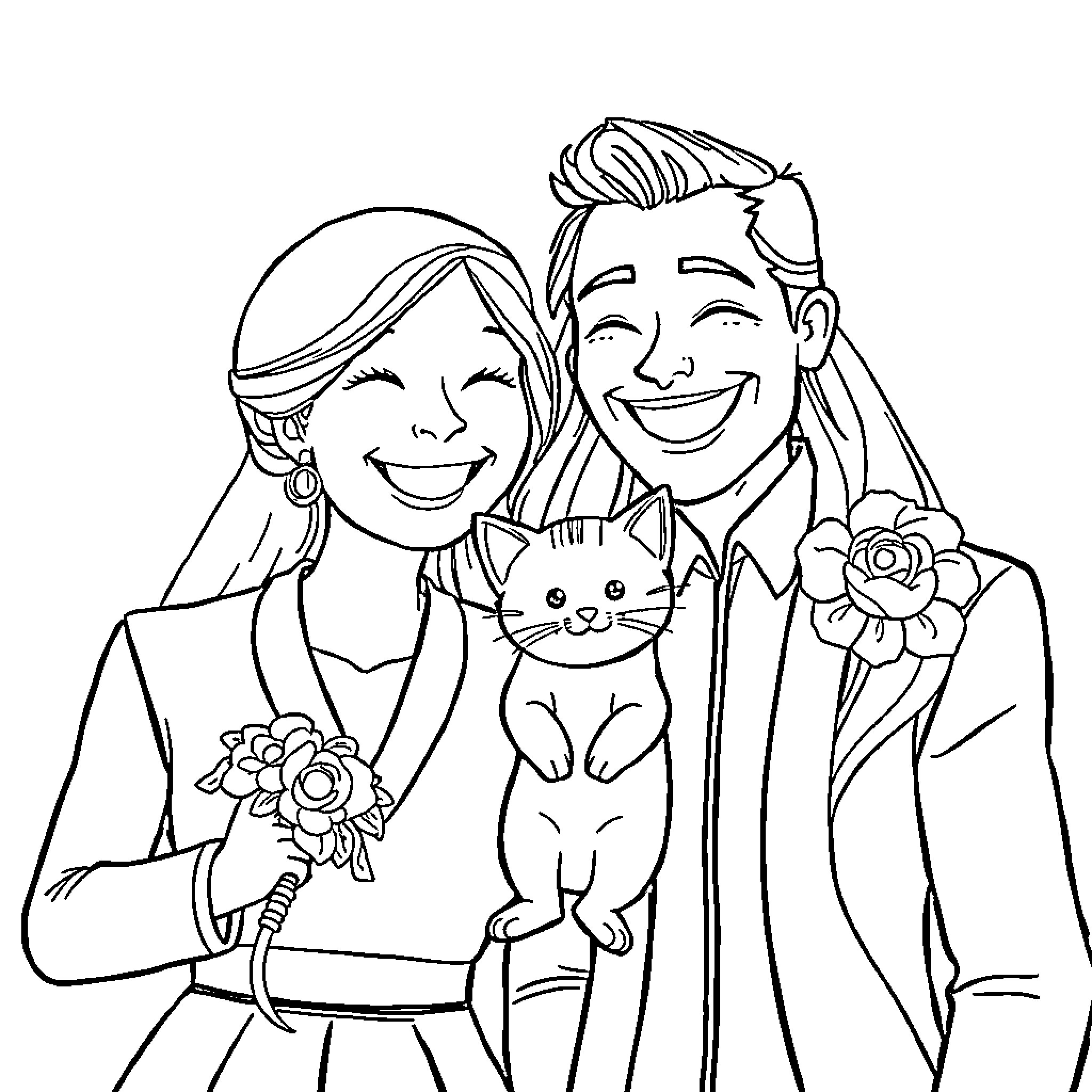 Couple celebrating joyous occasion with pet cat Coloring Page (free black-and-white line drawing printable PDF for all, from beginners to advanced learners, including children, teens, adults, and seniors)